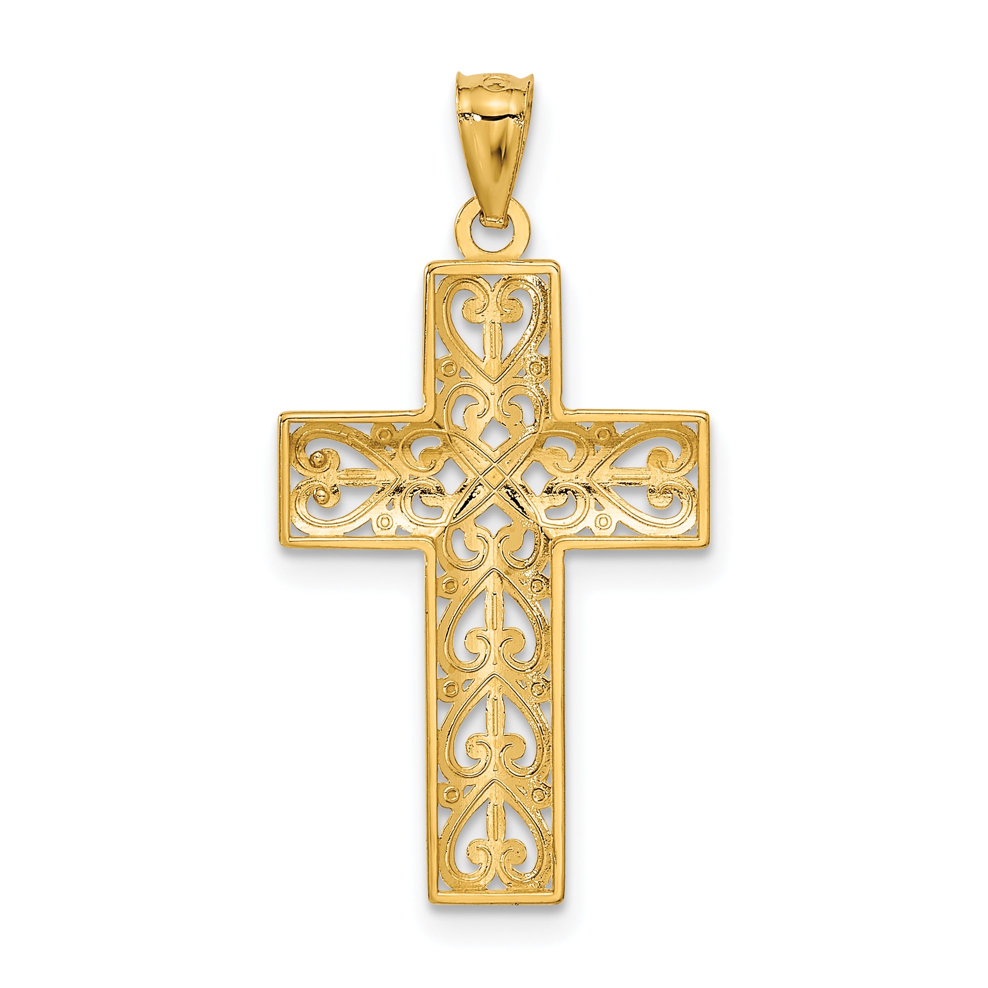 14K Gold Diamond-Cut Filigree Cross Pendant with Elegant Concave Design