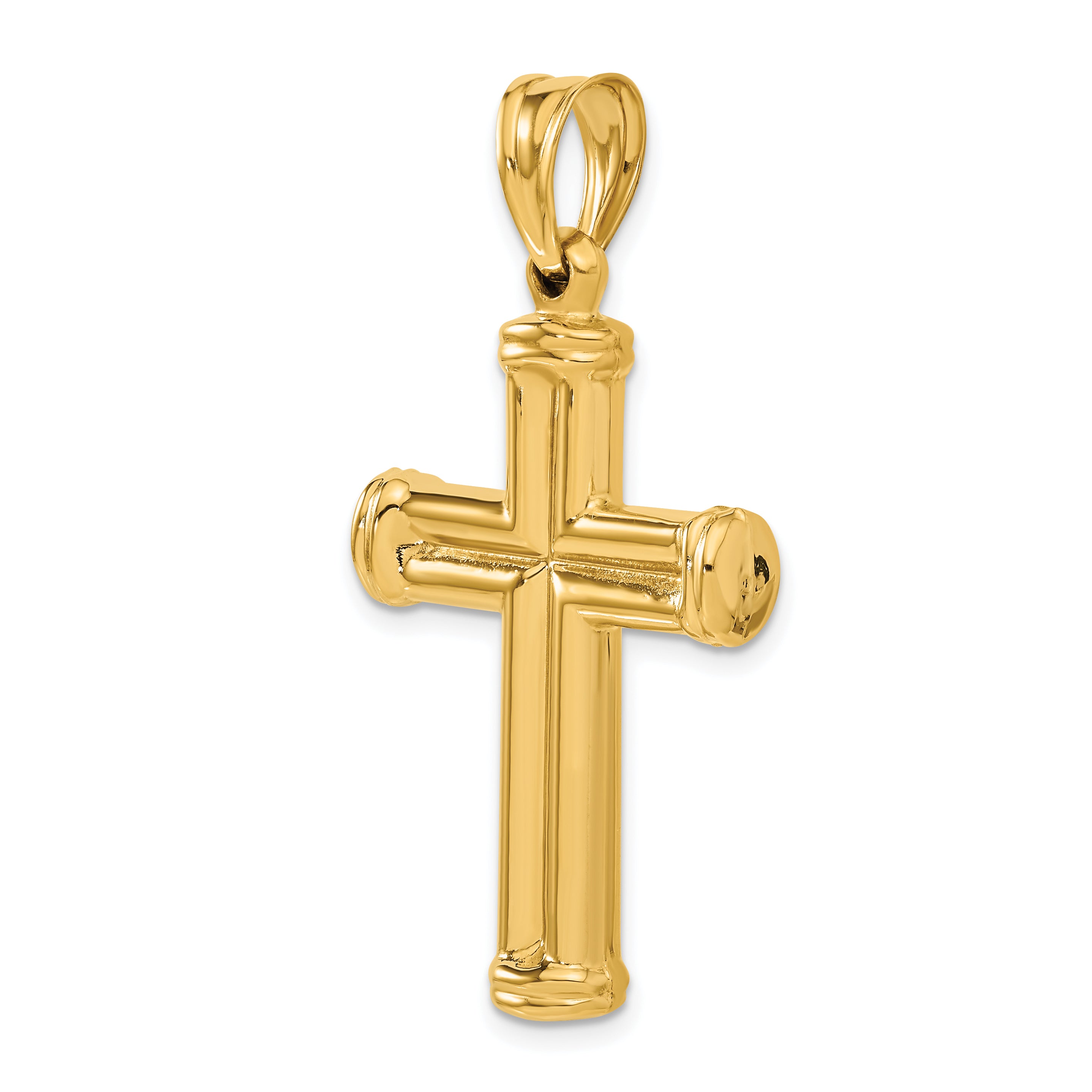 14K Gold Hollow Cross Pendant with Polished 3D Design