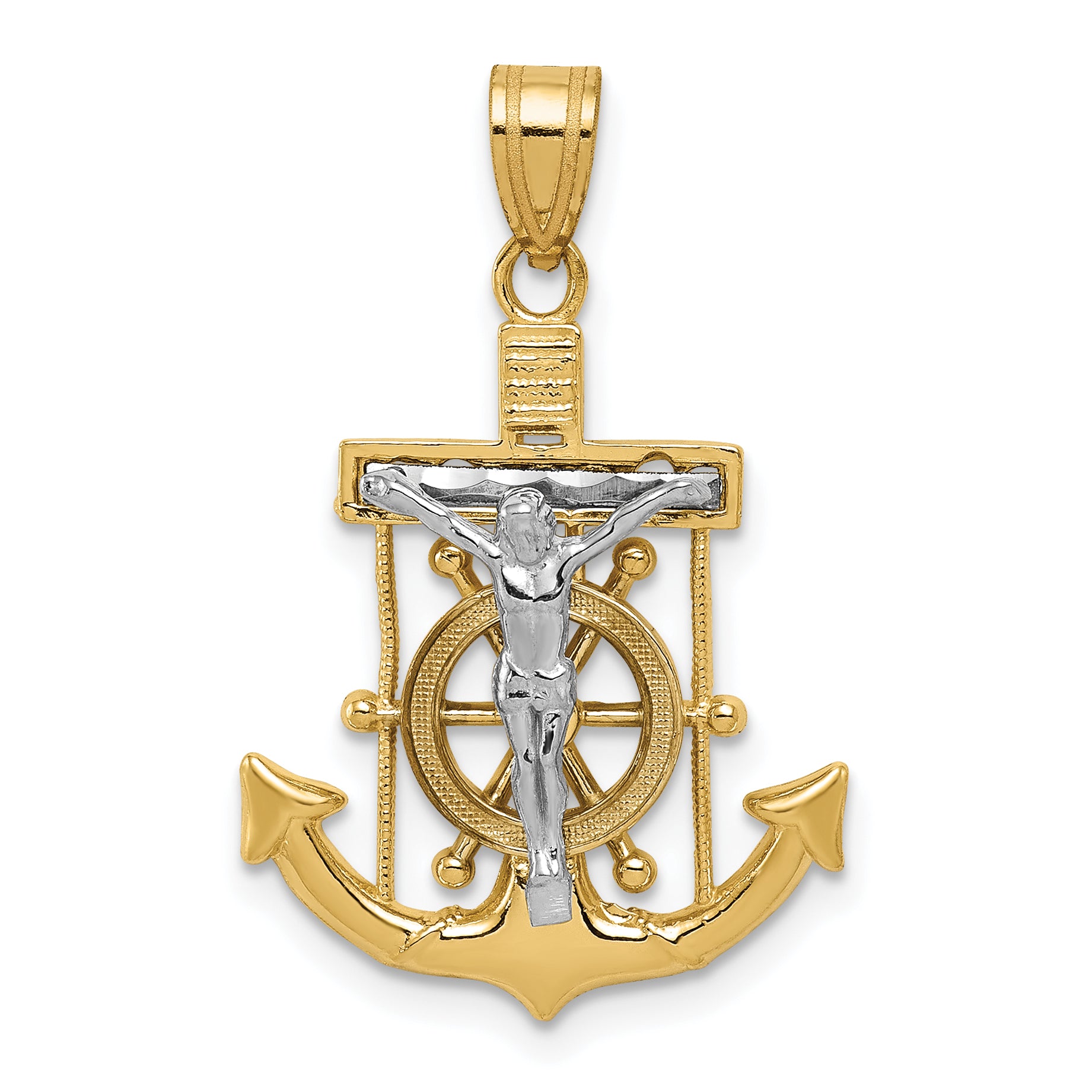 14k Two-tone Diamond-cut Mariner's Cross Pendant