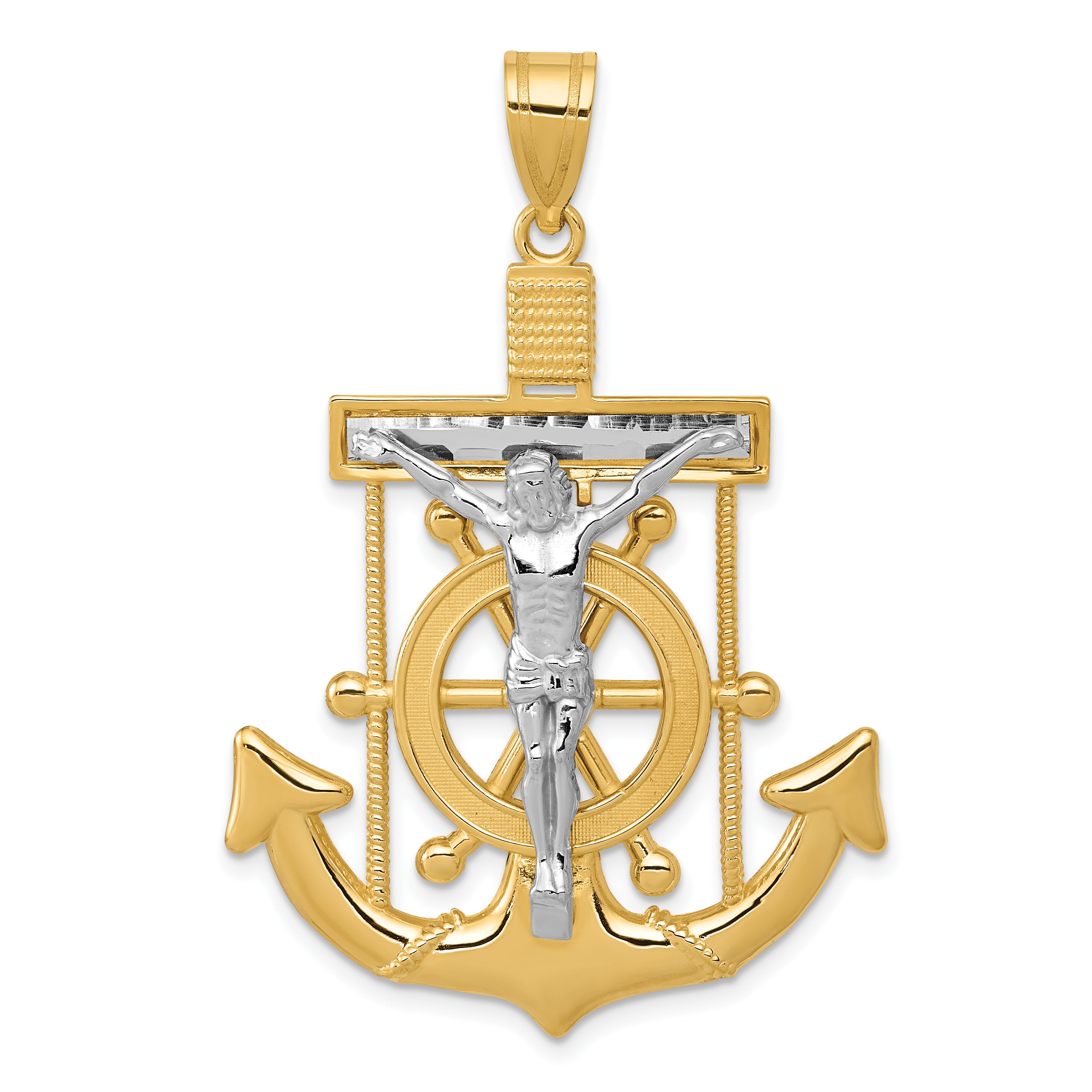 14k Two-tone Diamond-cut Mariner's Cross Pendant