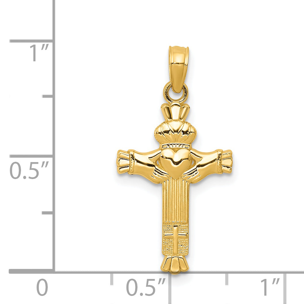 14K Gold Claddagh Cross Pendant with Polished Finish Solid Charm