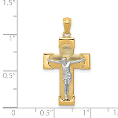 14K Two-Tone Gold Crucifix Pendant with Textured Solid Design  30mm