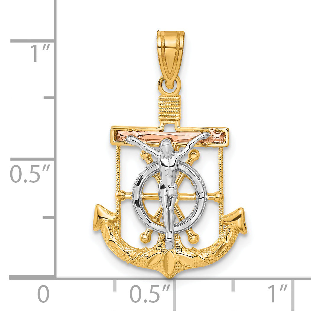 14k Tri-color Diamond-cut w/Textured Mariner's Cross Pendant