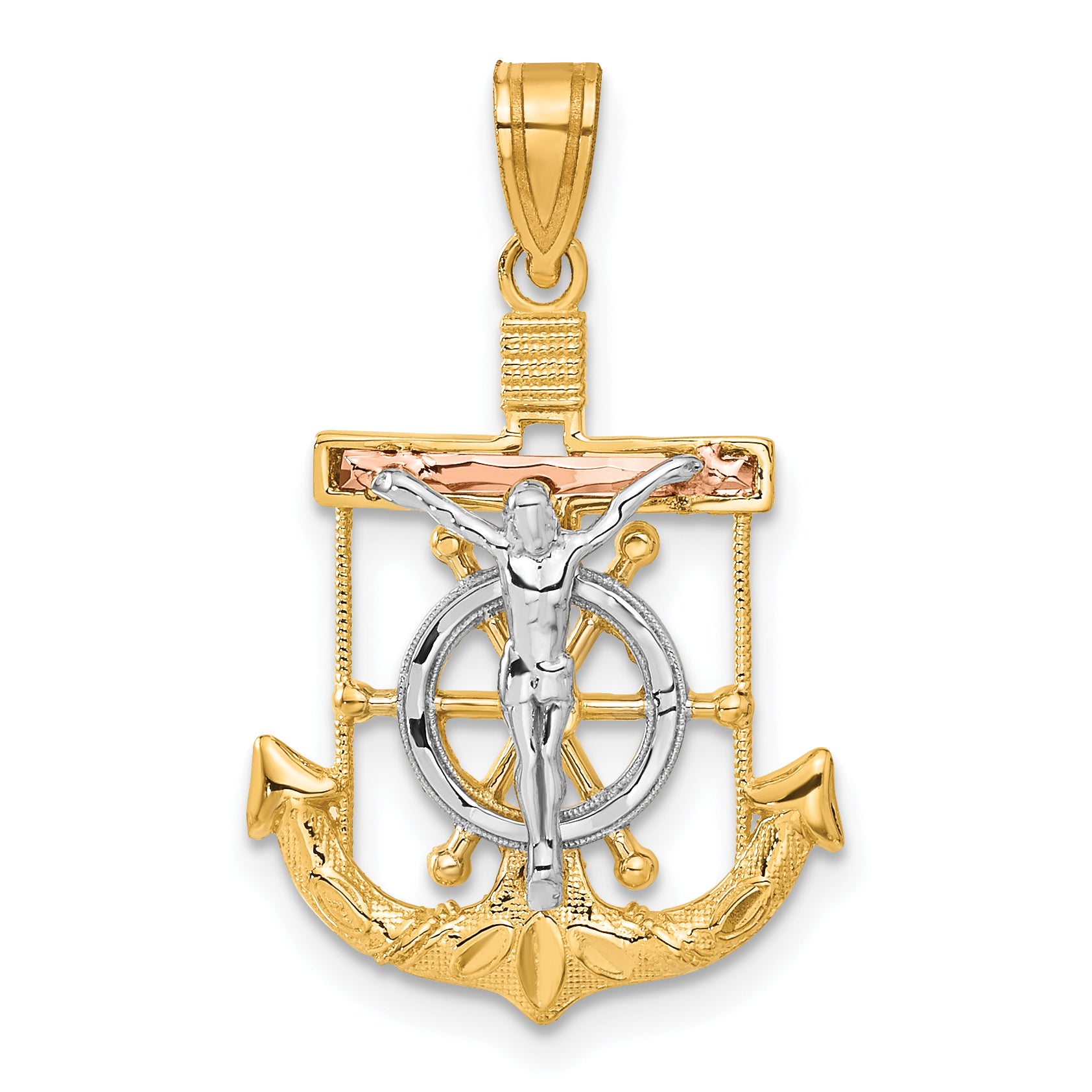 14k Tri-color Diamond-cut w/Textured Mariner's Cross Pendant