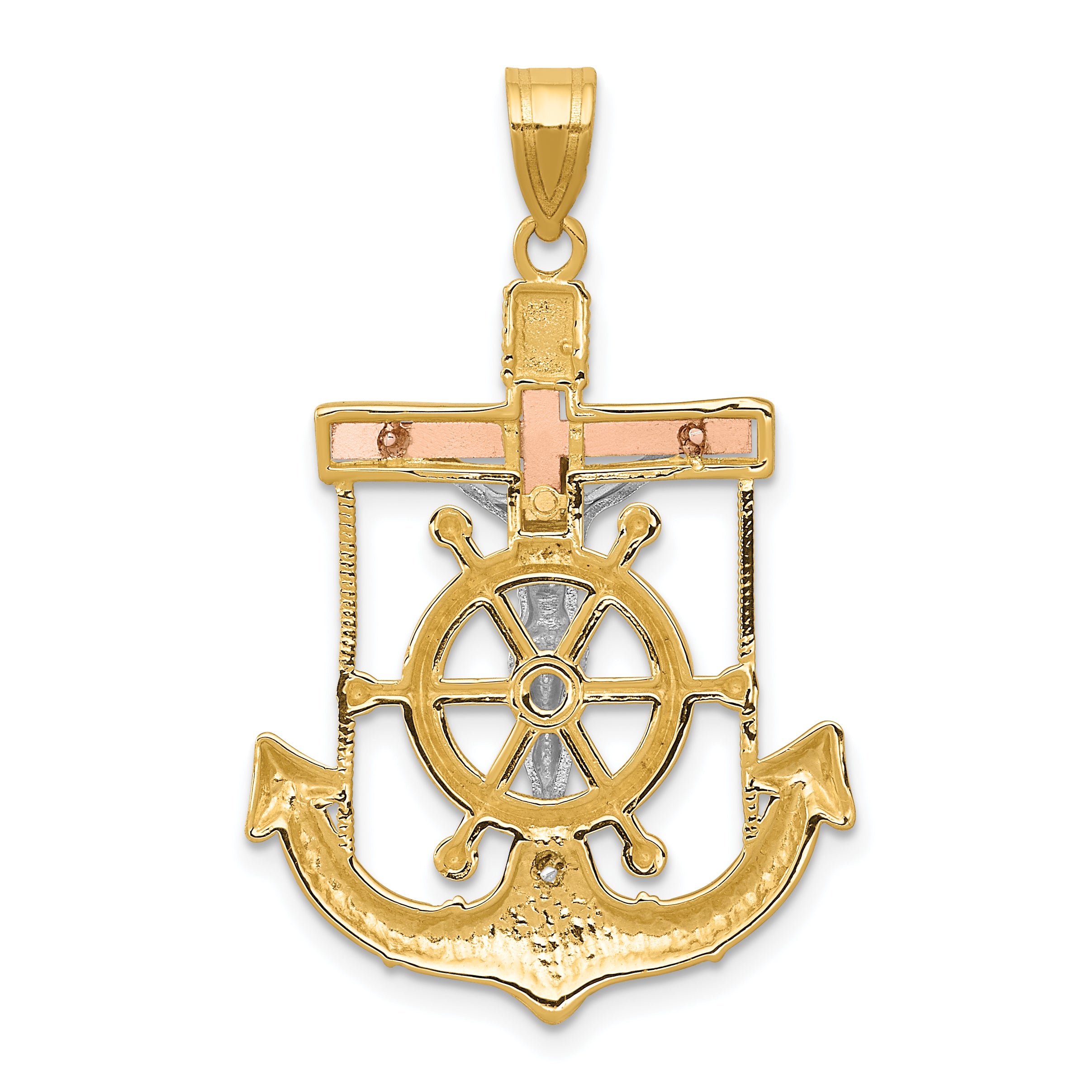 14k Tri-color Diamond-cut w/Textured Mariner's Cross Pendant