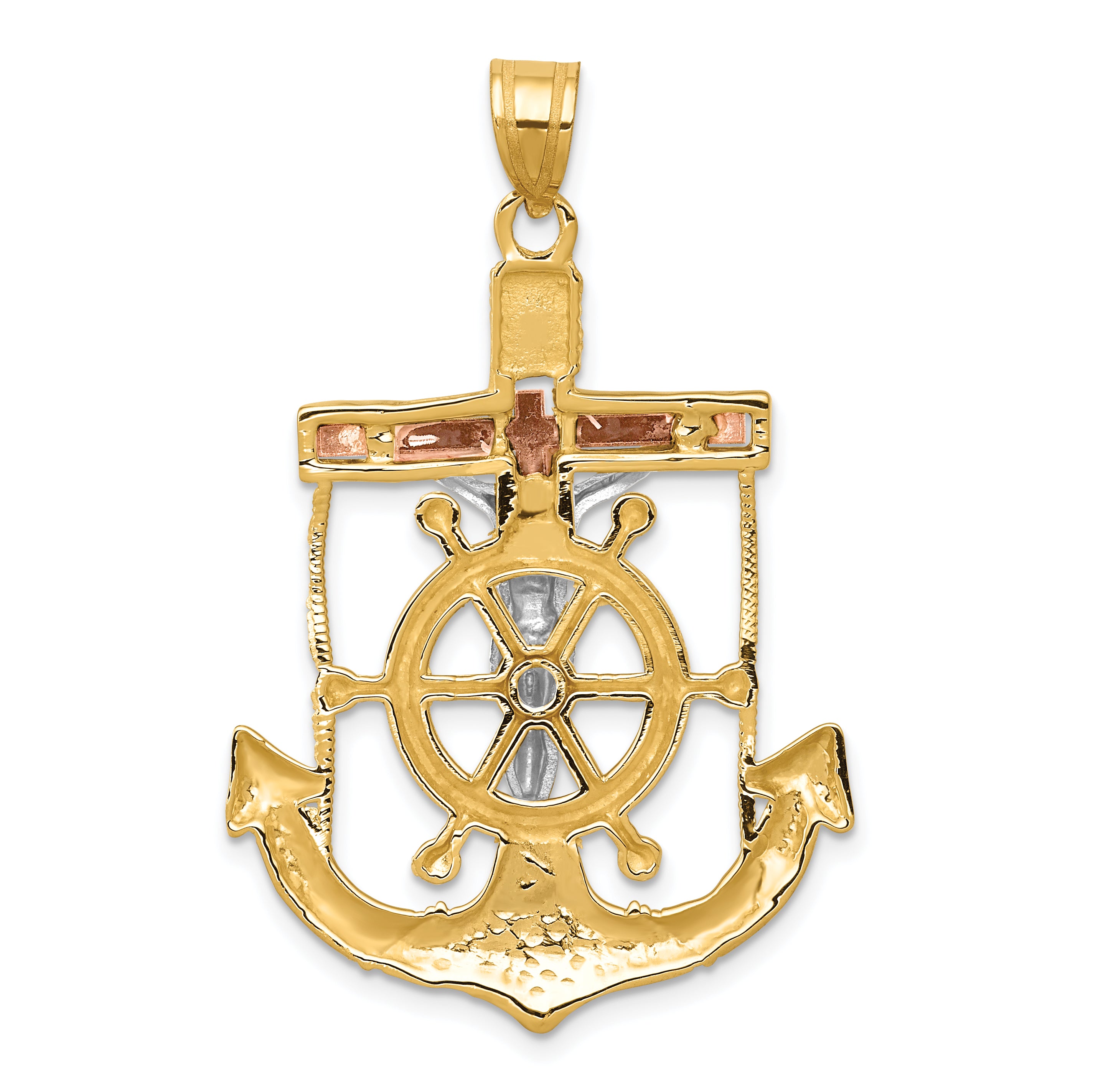 14k Tri-color Diamond-cut w/Textured Mariner's Cross Pendant