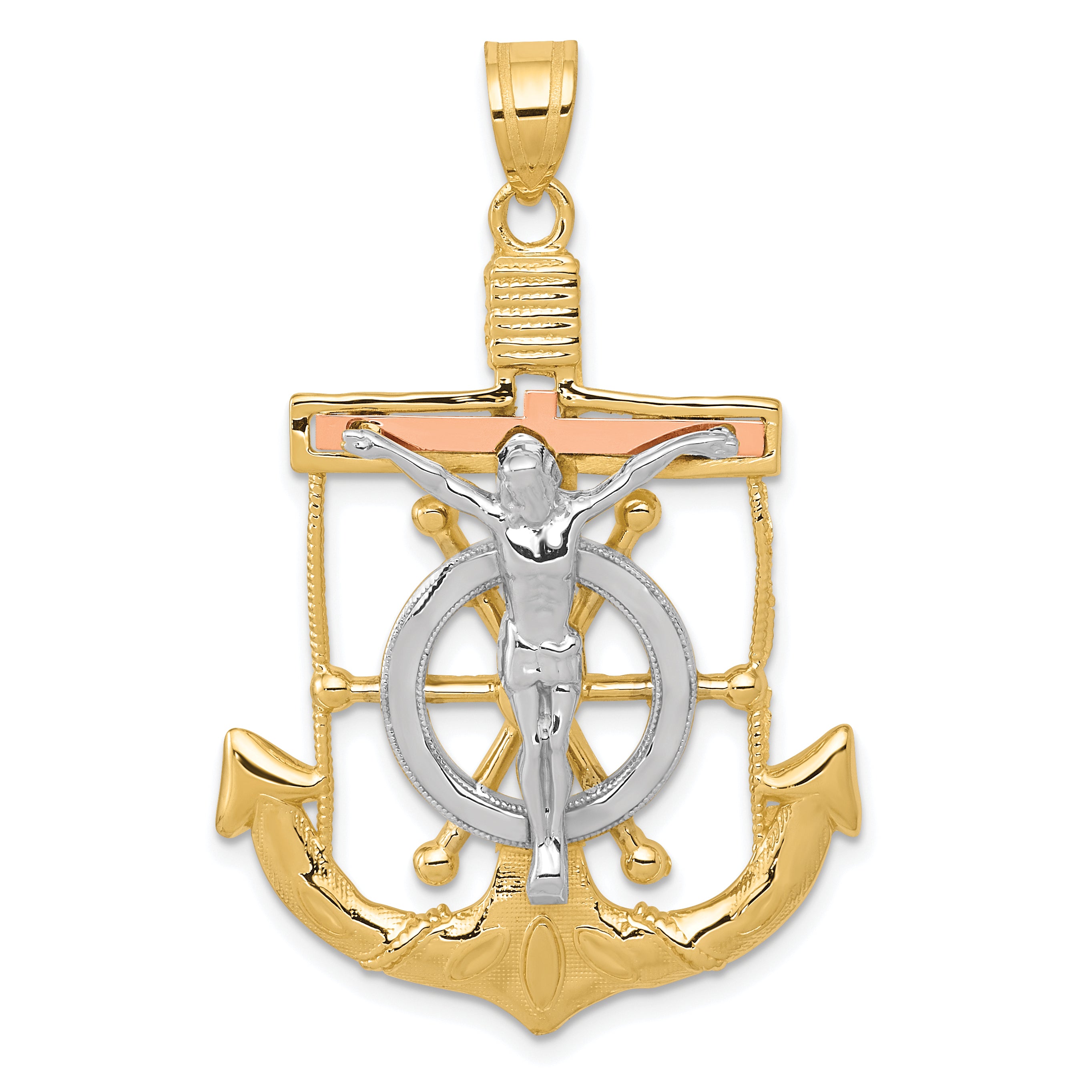 14k Tri-color Diamond-cut w/Textured Mariner's Cross Pendant