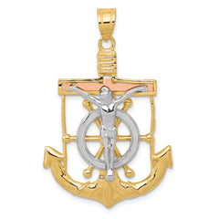 14k Tri-color Diamond-cut w/Textured Mariner's Cross Pendant