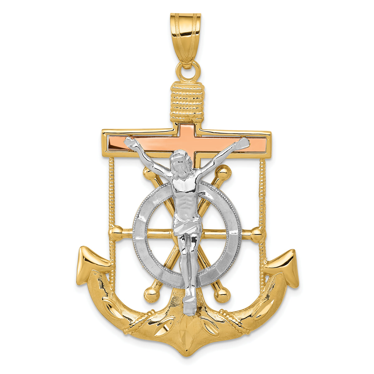 14k Tri-color Diamond-cut w/Textured Mariner's Cross Pendant