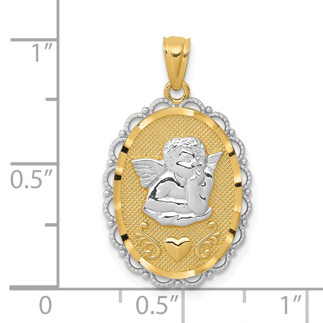 14K Gold Angel Pendant with Rhodium Plating  Solid Cast Design