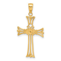 14K Gold Claddagh Cross Pendant with Solid Cast Design, 34mm