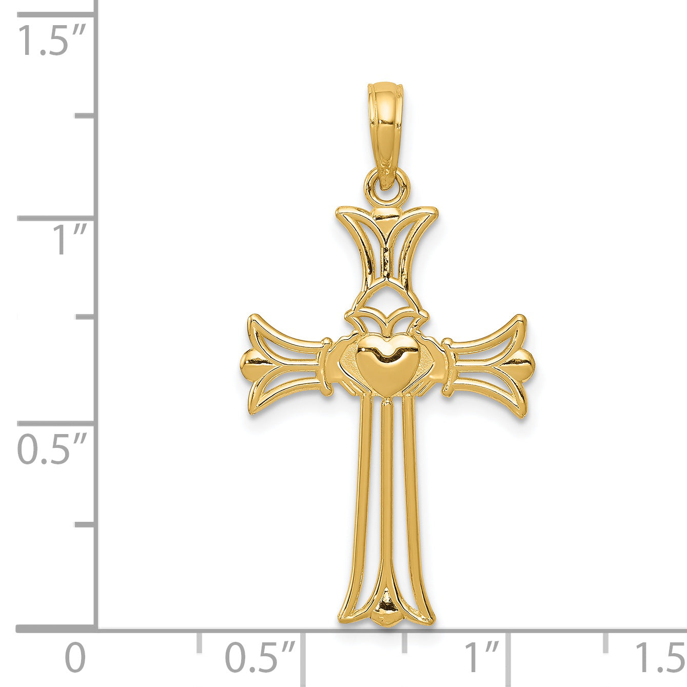 14K Gold Claddagh Cross Pendant with Solid Cast Design, 34mm