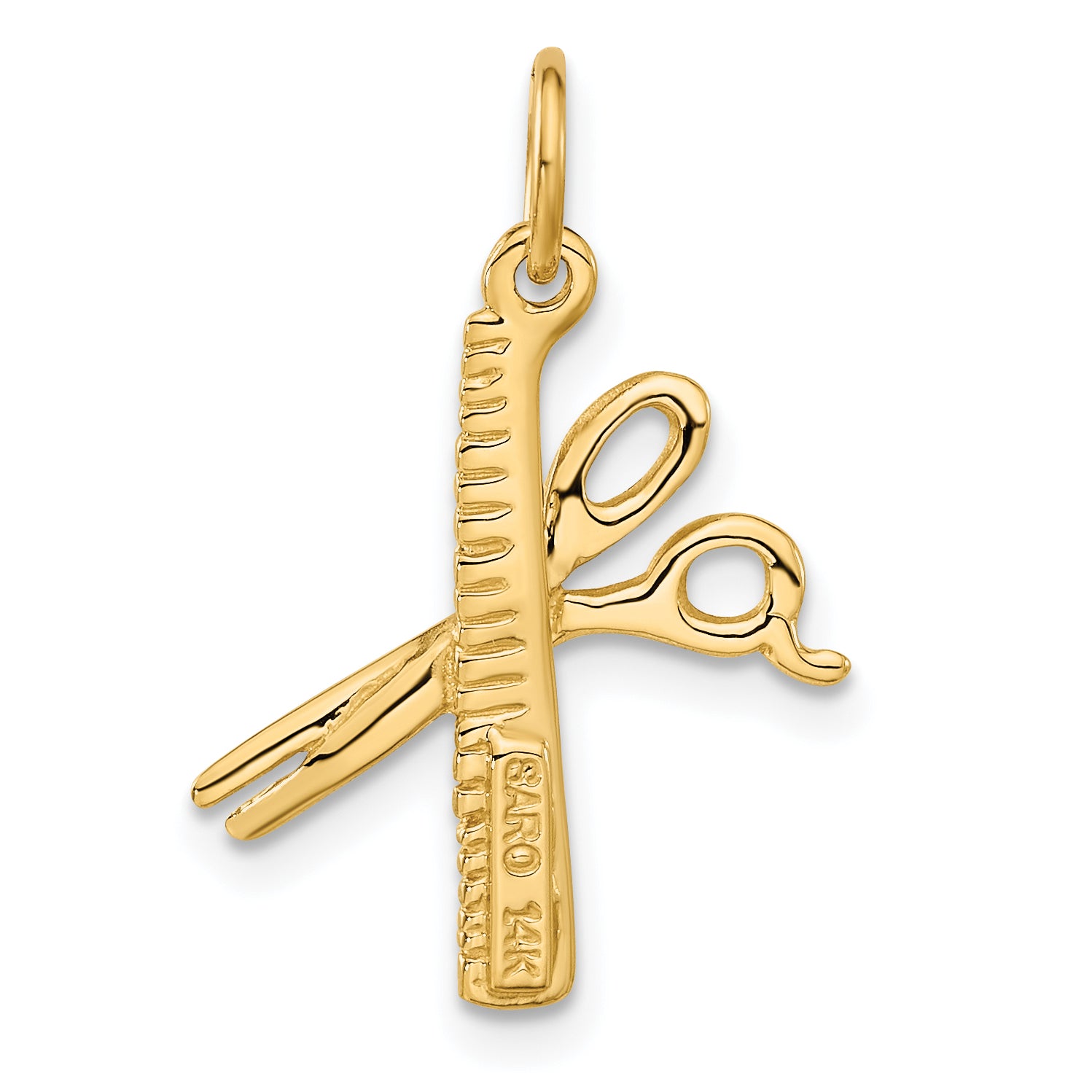 14K Gold 3D Comb and Scissors Charm with Brushed Diamond-Cut Finish