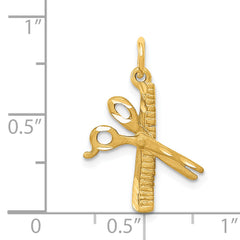 14K Gold 3D Comb and Scissors Charm with Brushed Diamond-Cut Finish