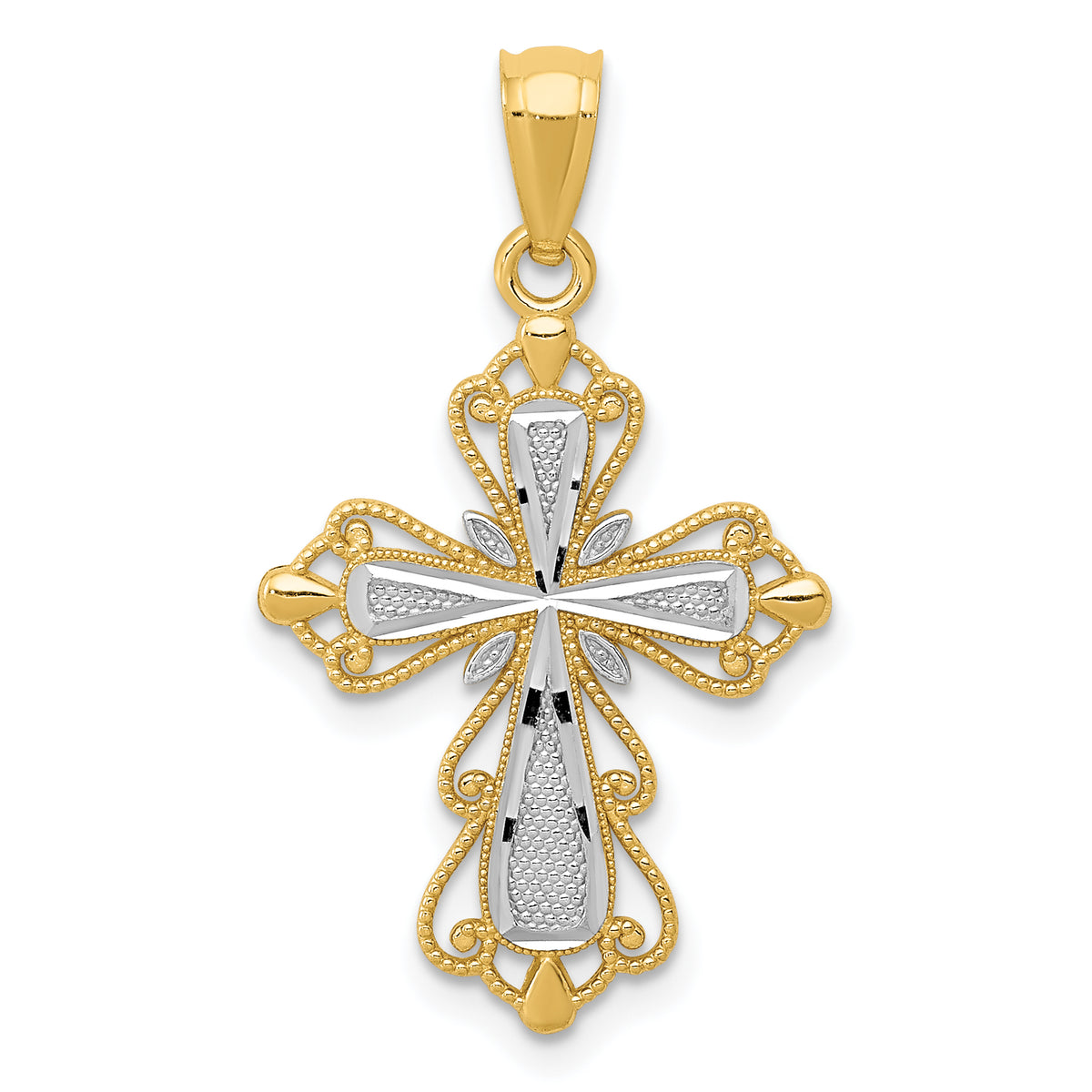 14k w/Rhodium Diamond-cut Cross Pendant