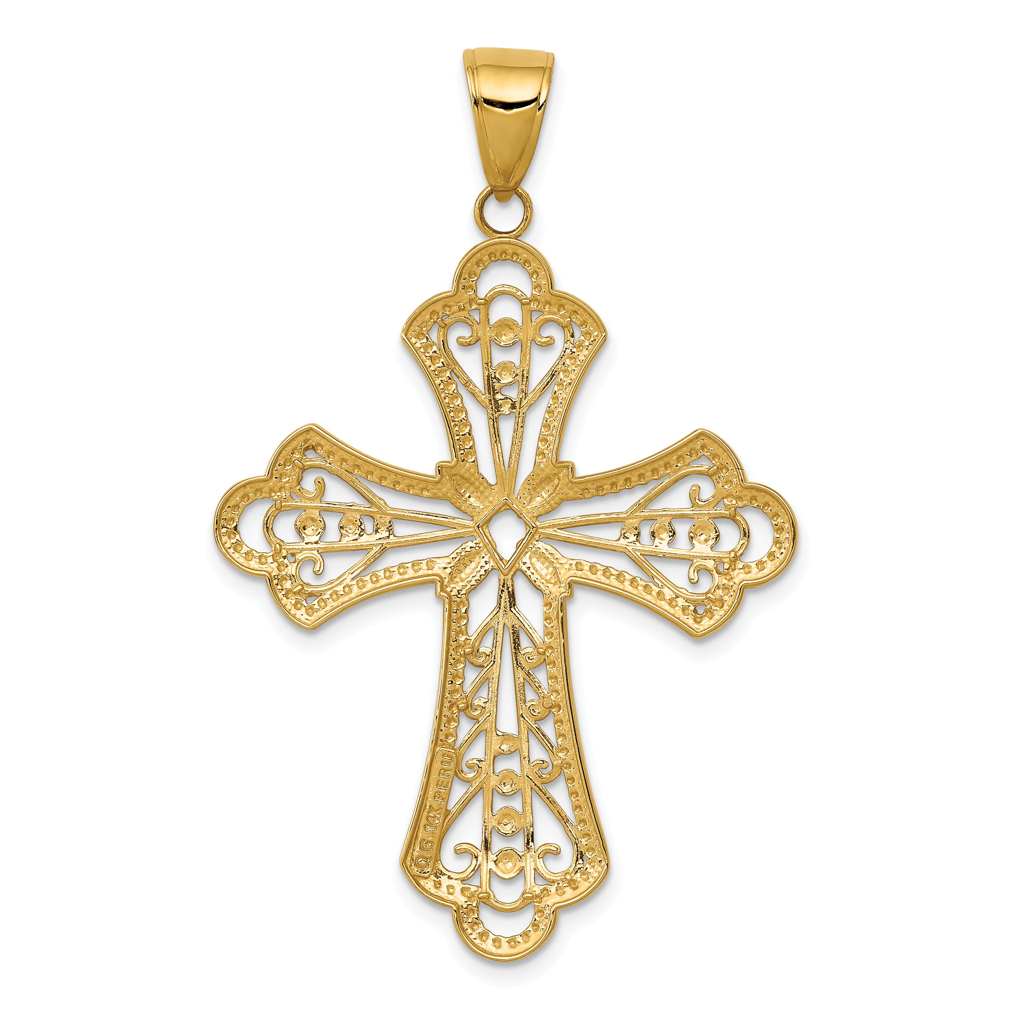 14K w/Rhodium Diamond-cut Filigree Cut-out Cross Pendant