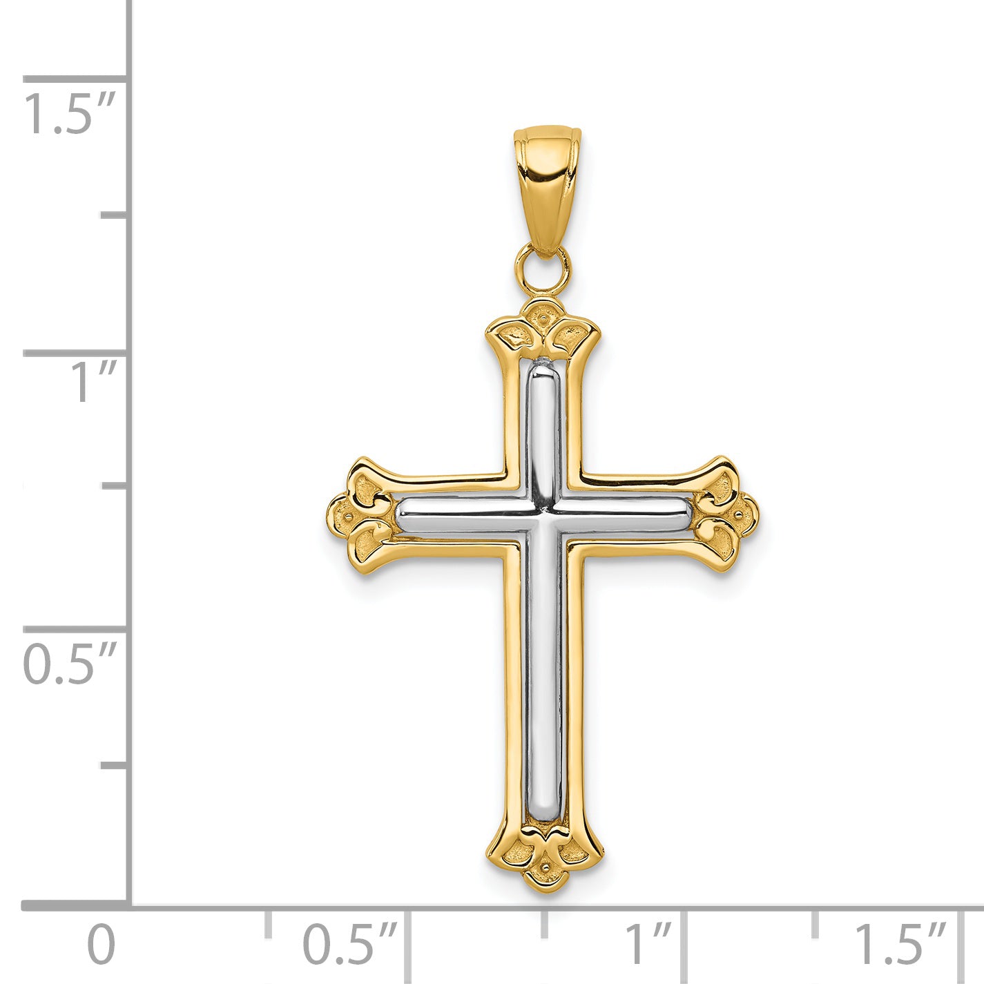 14K Gold Rhodium-Plated Budded Cross Pendant, Elegant Solid Design by Sophia Jewelers