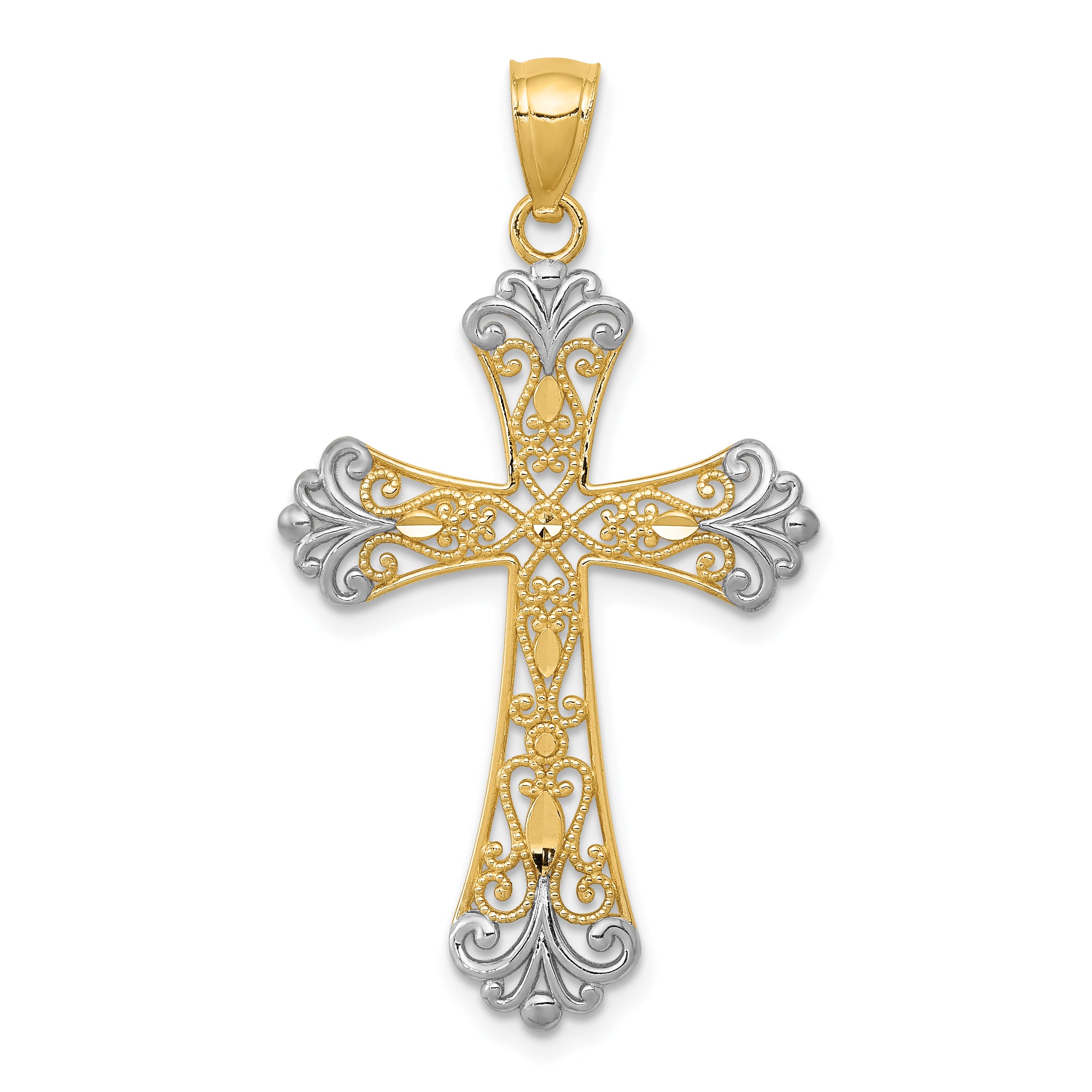 14k w/Rhodium Diamond-cut Cross Pendant