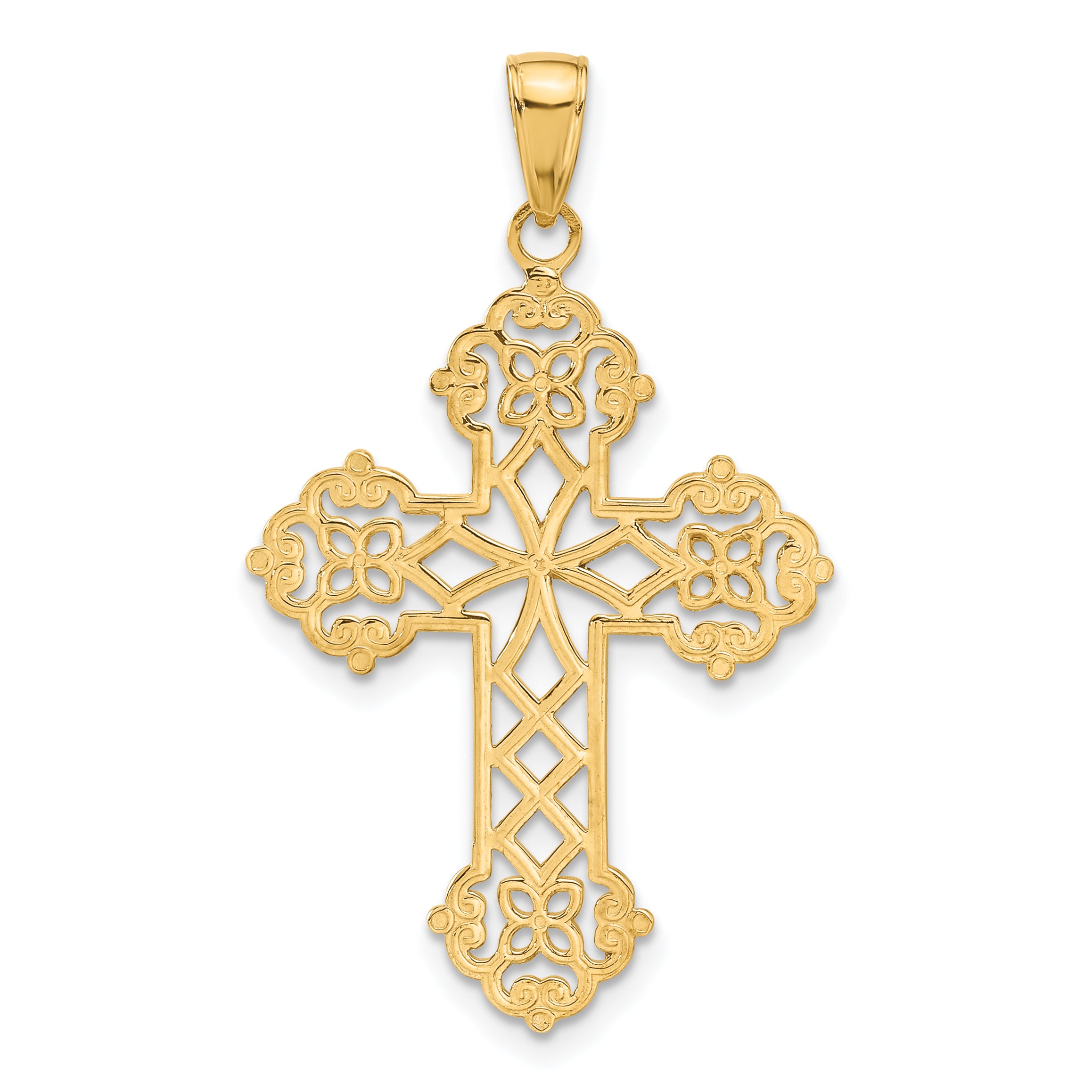 14K Gold Lacey Budded Cross Pendant  Elegant Casted Design