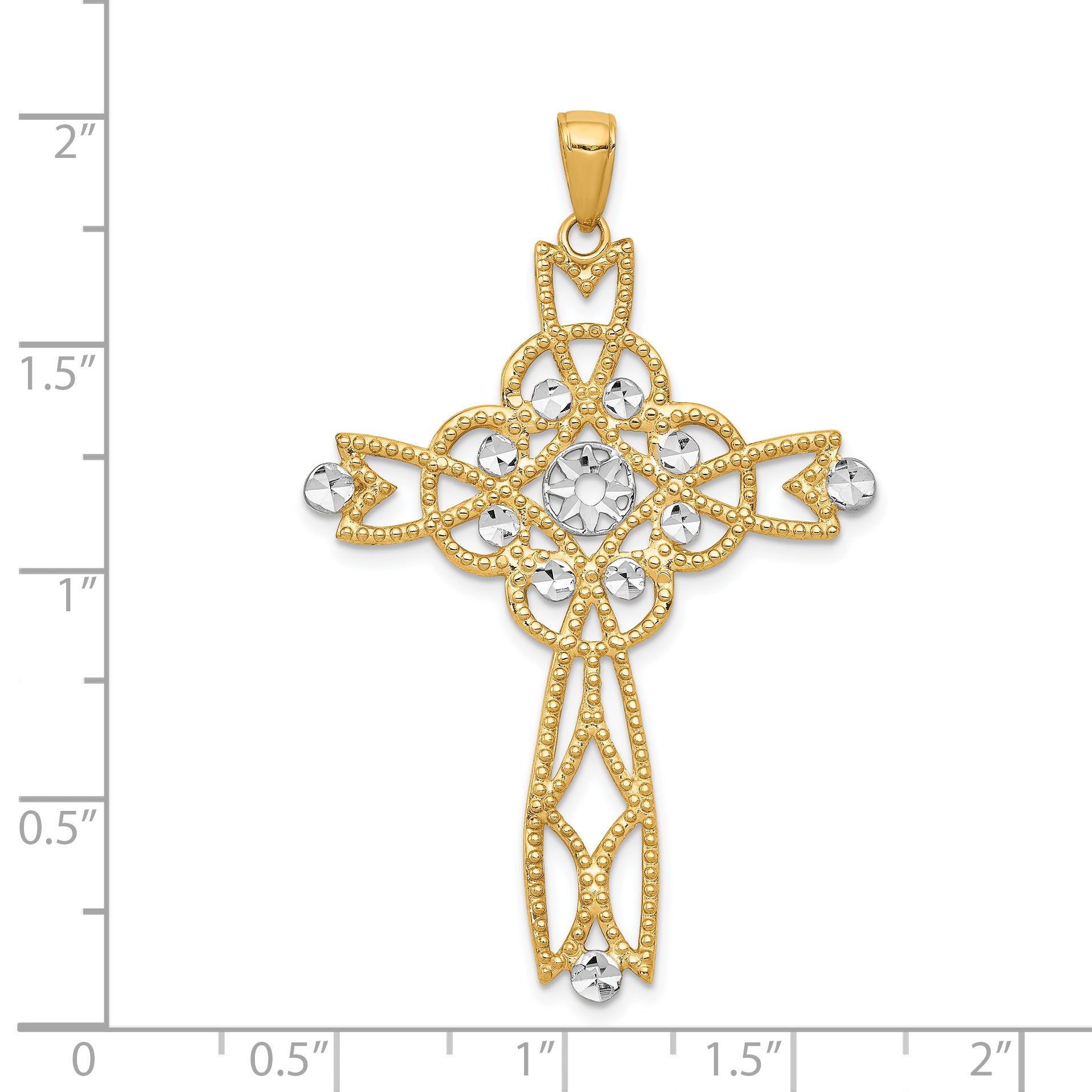 14K Gold Infinity Cross Pendant with Rhodium Diamond-Cut Beaded Trim