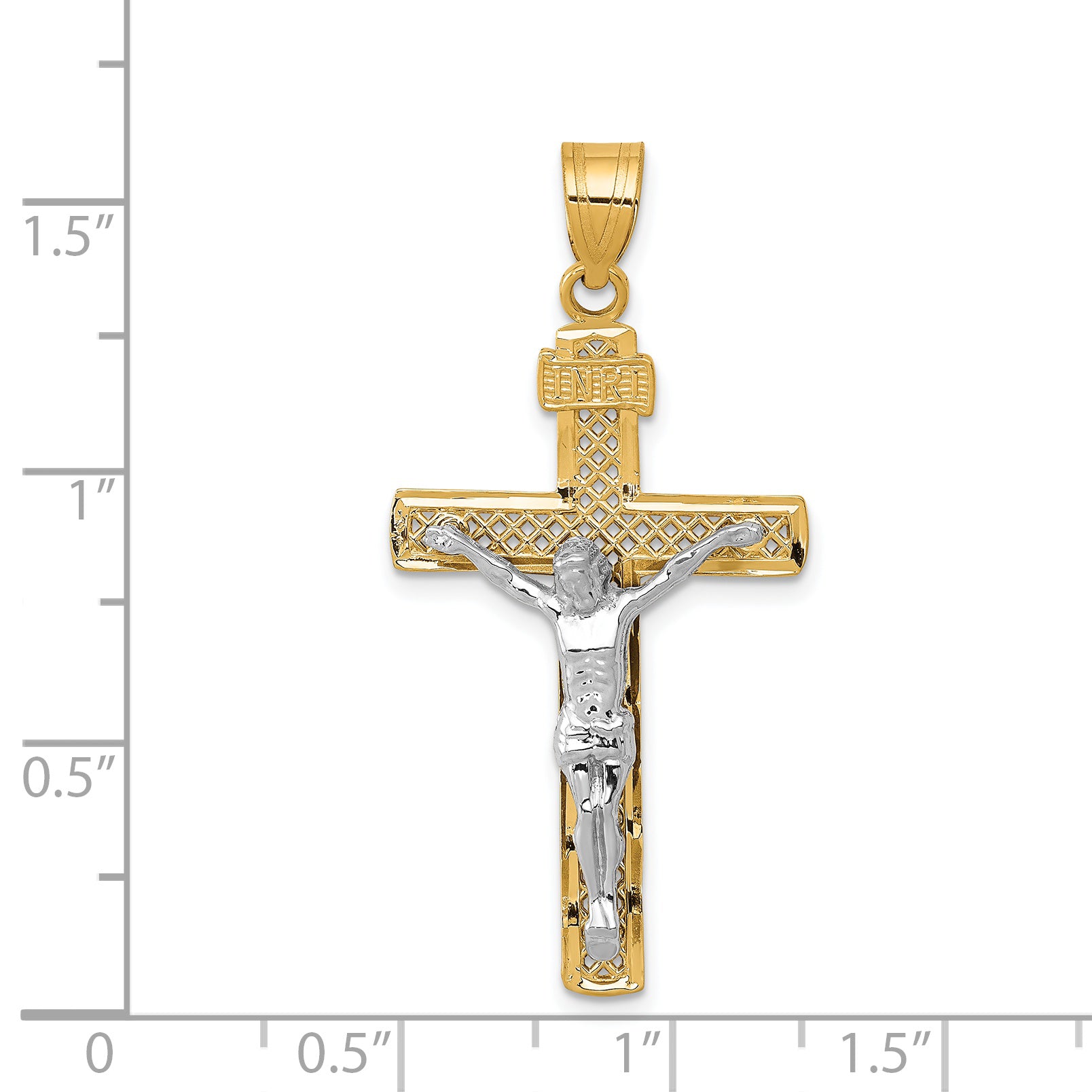 14K Two-Tone Gold Cross Pendant with Diamond-Cut Lattice Crucifix Polished Finish