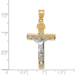 14K Two-Tone Gold Cross Pendant with Diamond-Cut Lattice Crucifix Polished Finish