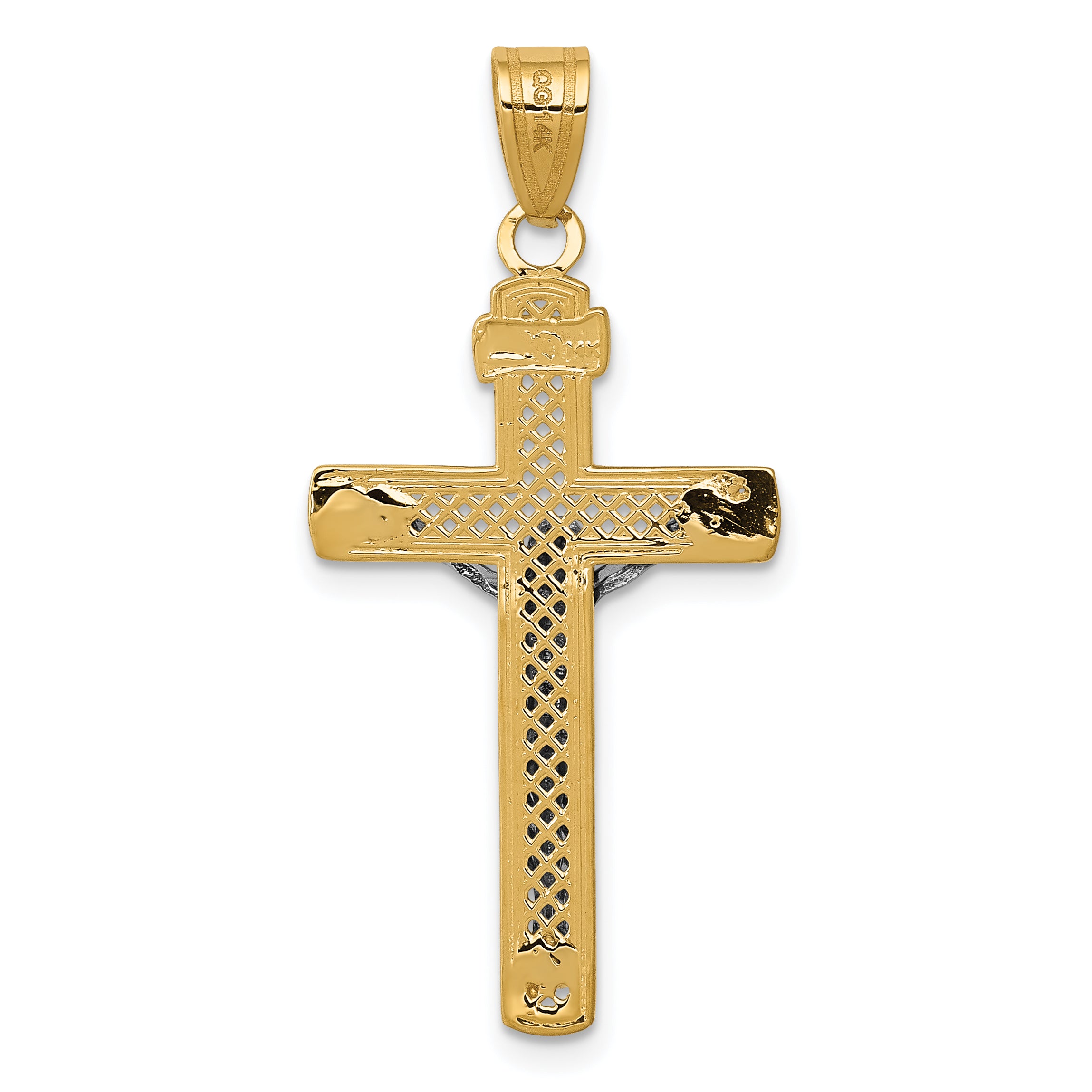 14K Two-Tone Gold Diamond-Cut Lattice Cross Crucifix Pendant Polished Finish