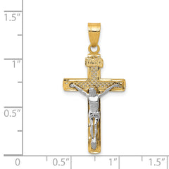 14K Two-Tone Gold Diamond-Cut Lattice Cross Crucifix Pendant Polished Finish