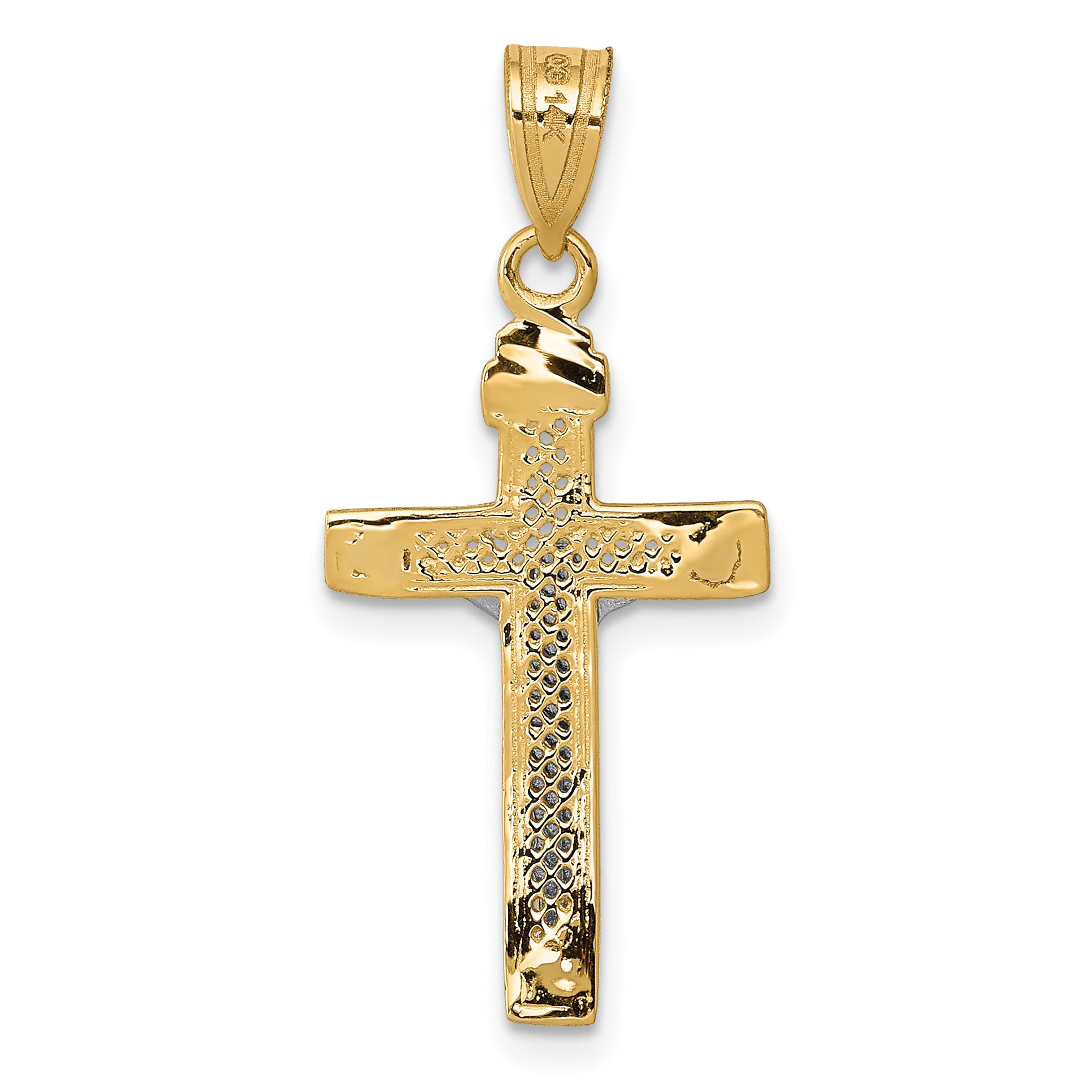 14K Two-Tone Gold Diamond-Cut Lattice Cross Crucifix Pendant – Polished Finish