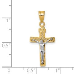 14K Two-Tone Gold Diamond-Cut Lattice Cross Crucifix Pendant – Polished Finish