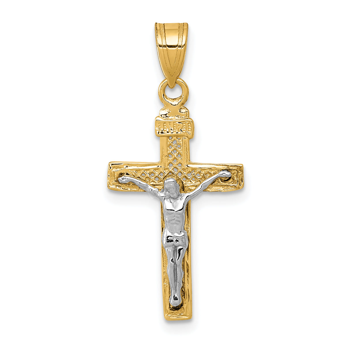 14K Two-tone Diamond-cut Lattice Cross w/Crucifix Pendant