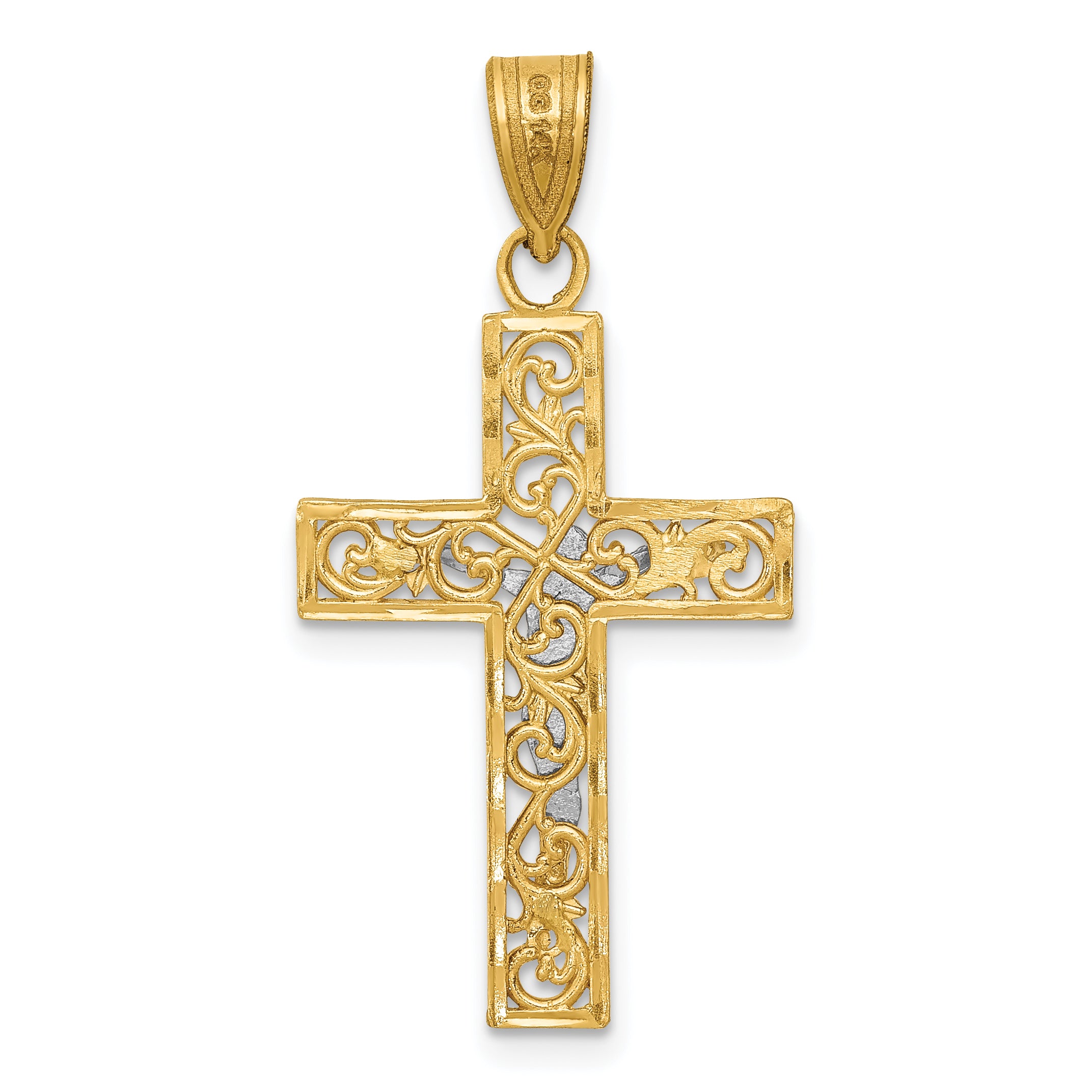 14K Two-Tone Gold Crucifix Pendant with Filigree Detailing  Classic & Elegant Style