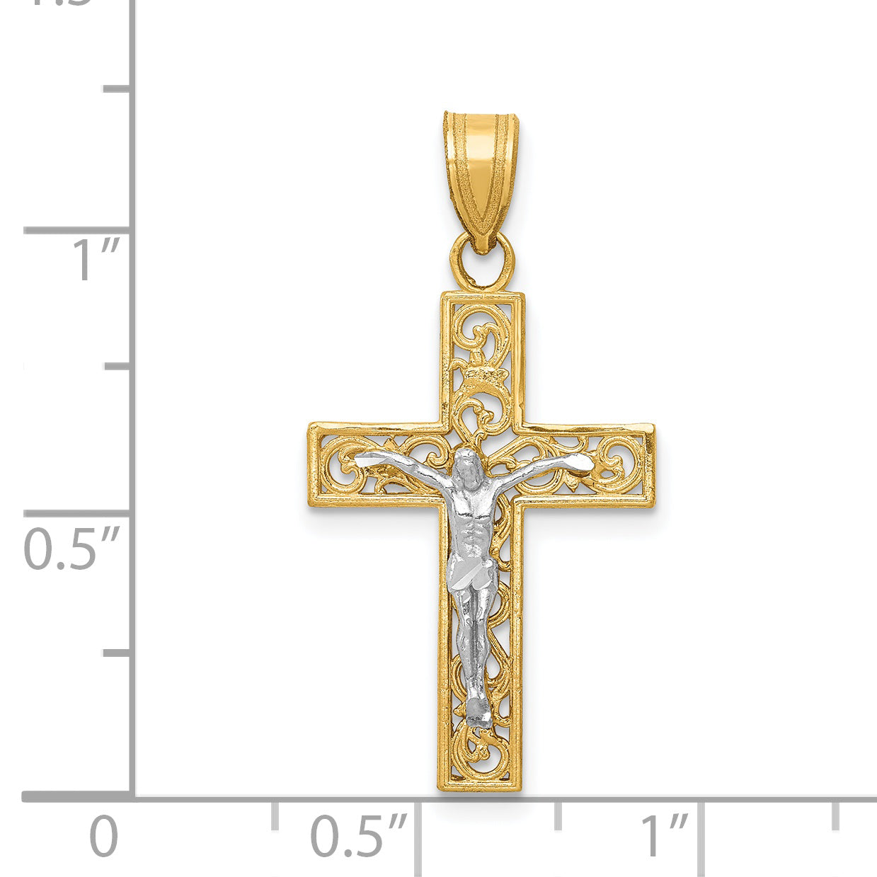 14K Two-Tone Gold Crucifix Pendant with Filigree Detailing  Classic & Elegant Style