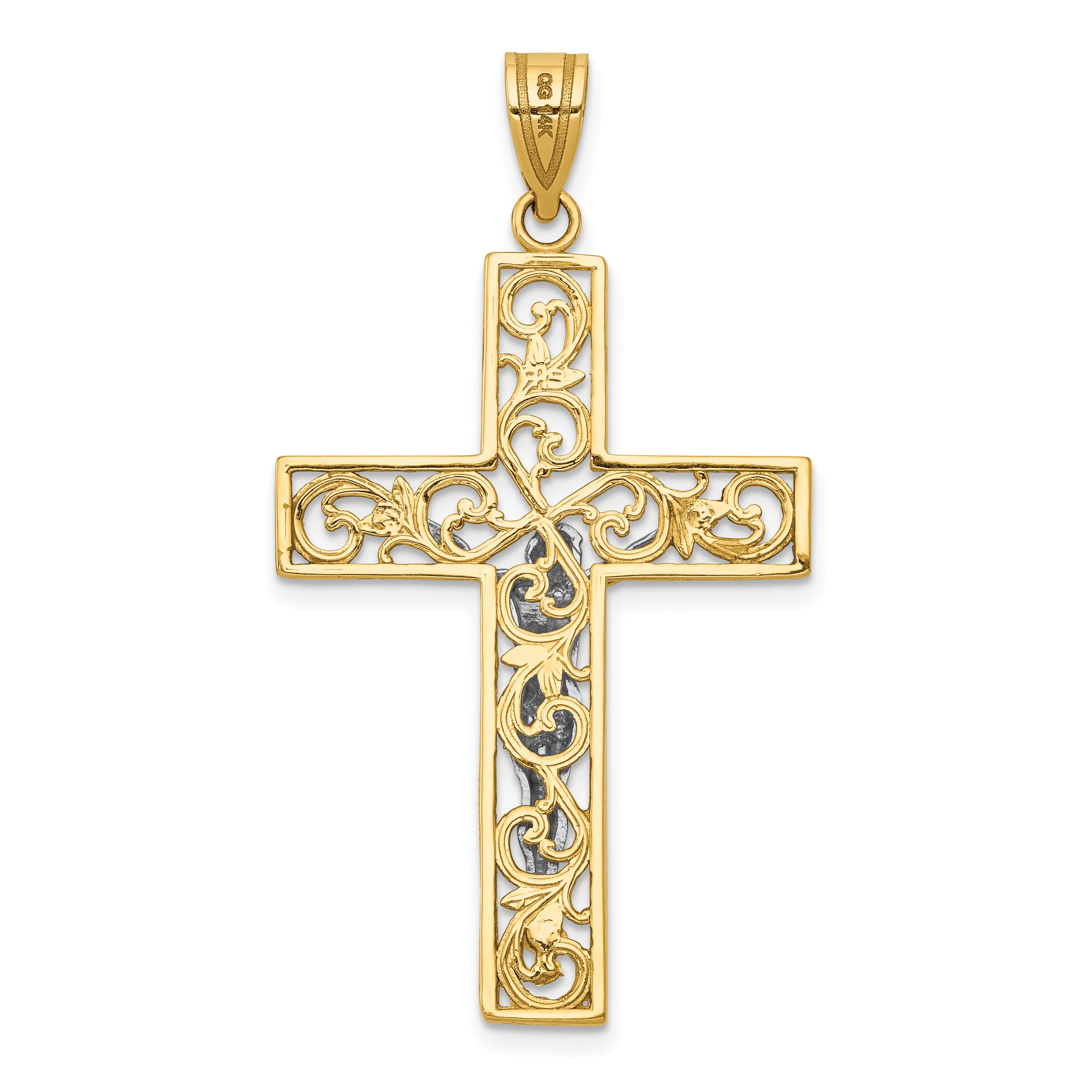 14K Two-Tone Gold Filigree Crucifix Pendant with Elegant Block Design