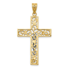 14K Two-Tone D/C Large Block Filigree Crucifix Pendant