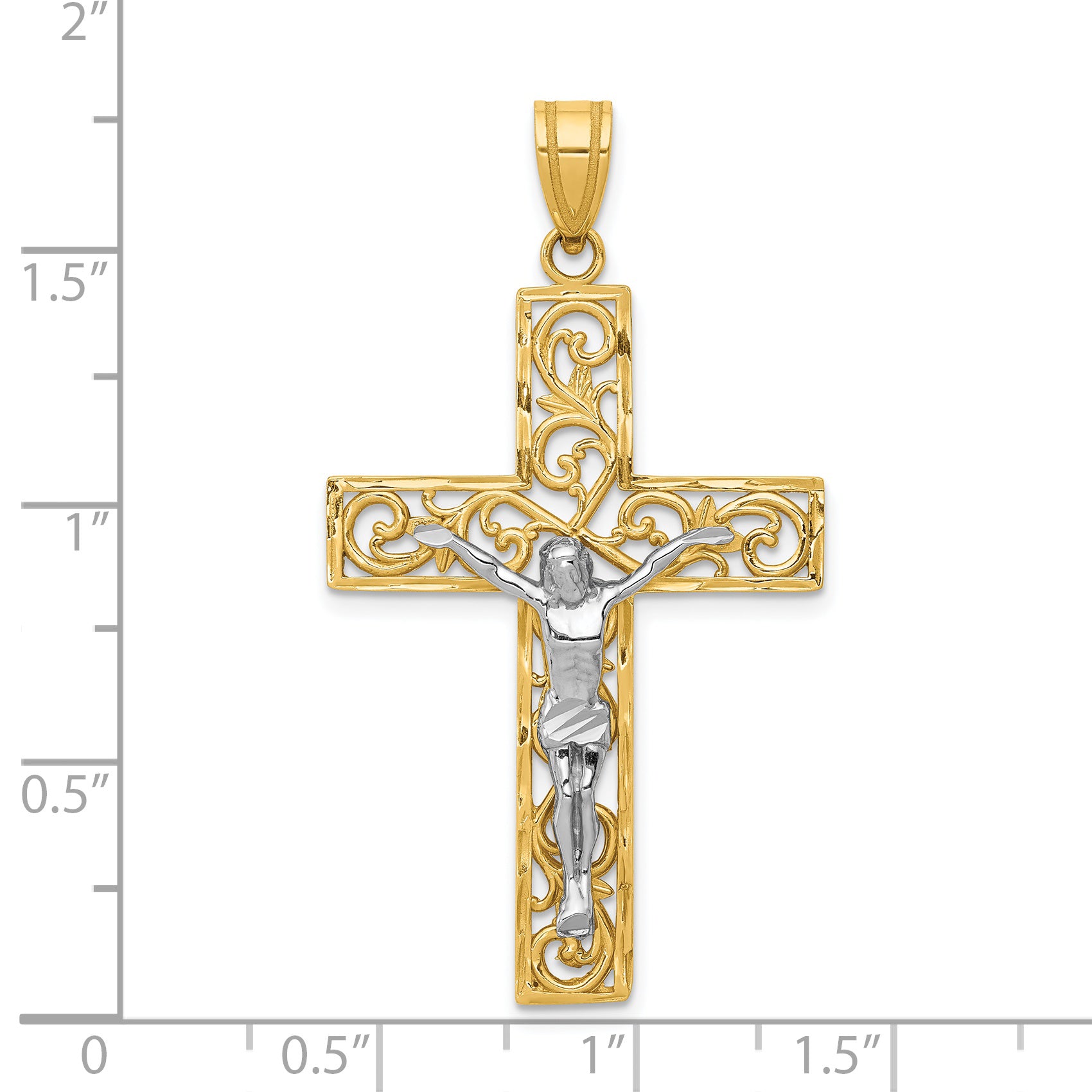 14K Two-Tone Gold Filigree Crucifix Pendant with Elegant Block Design