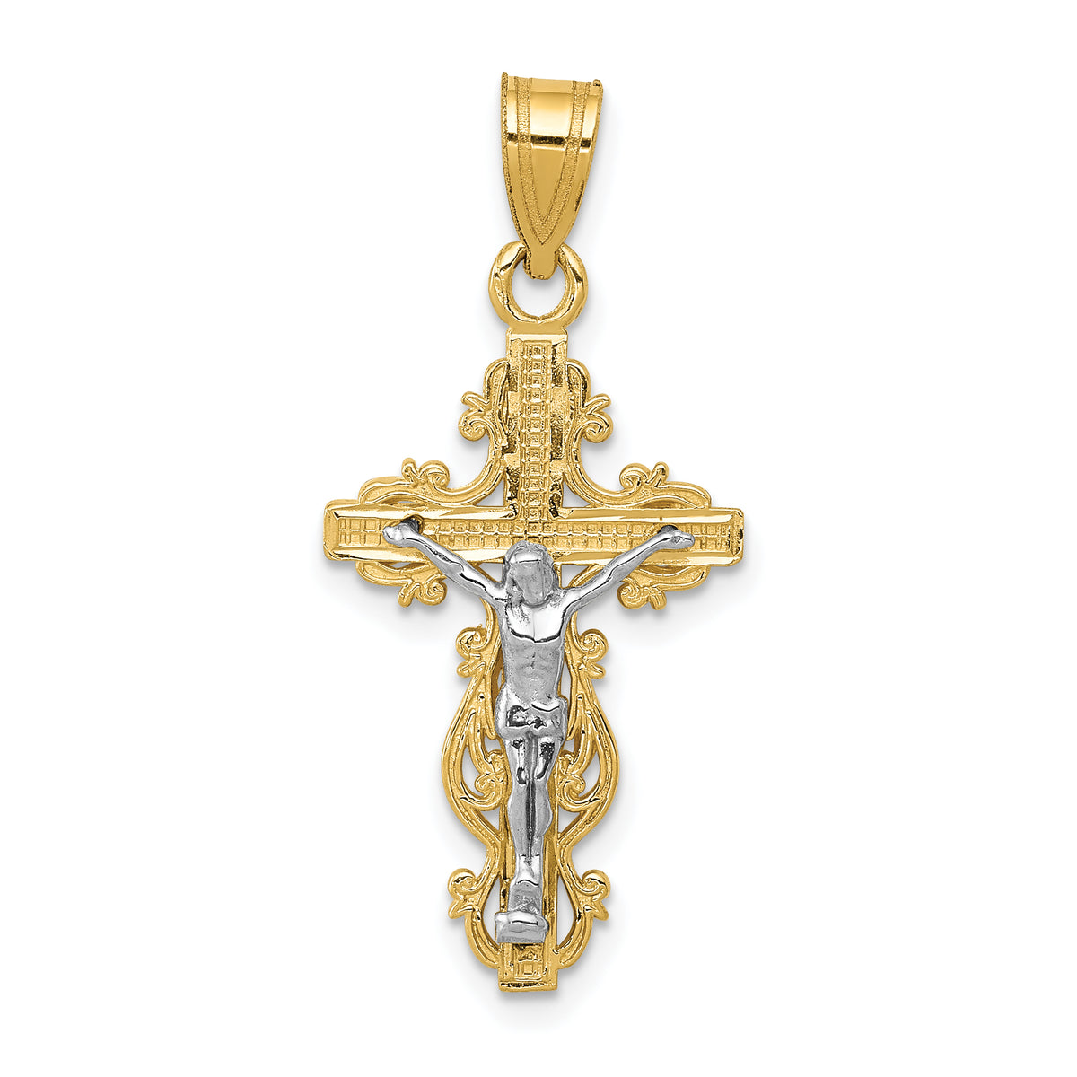 14K Two-tone Small Narrow Cross w/Crucifix Pendant