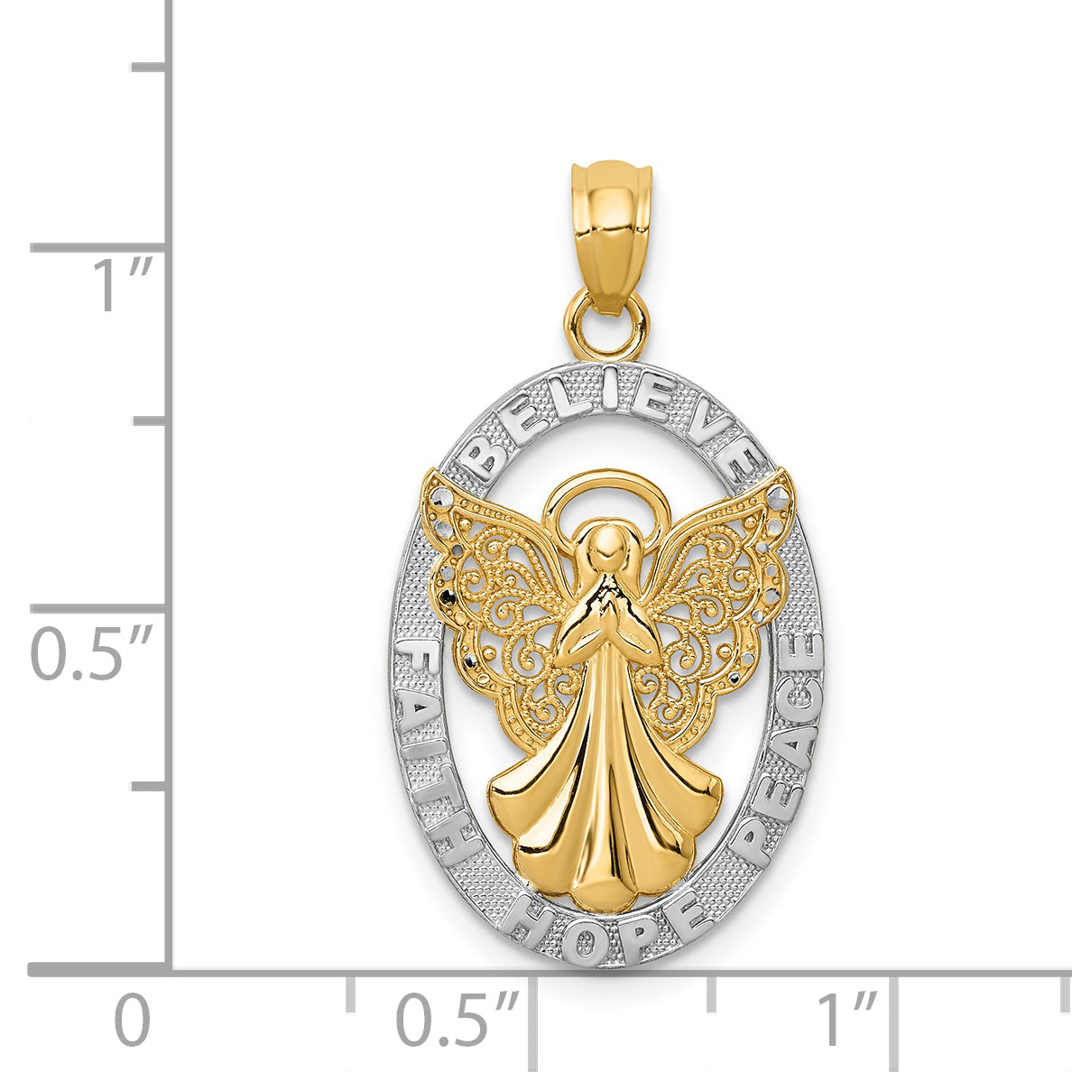 14K Gold Rhodium-Plated Angel Pendant with Believe Peace Hope Charm