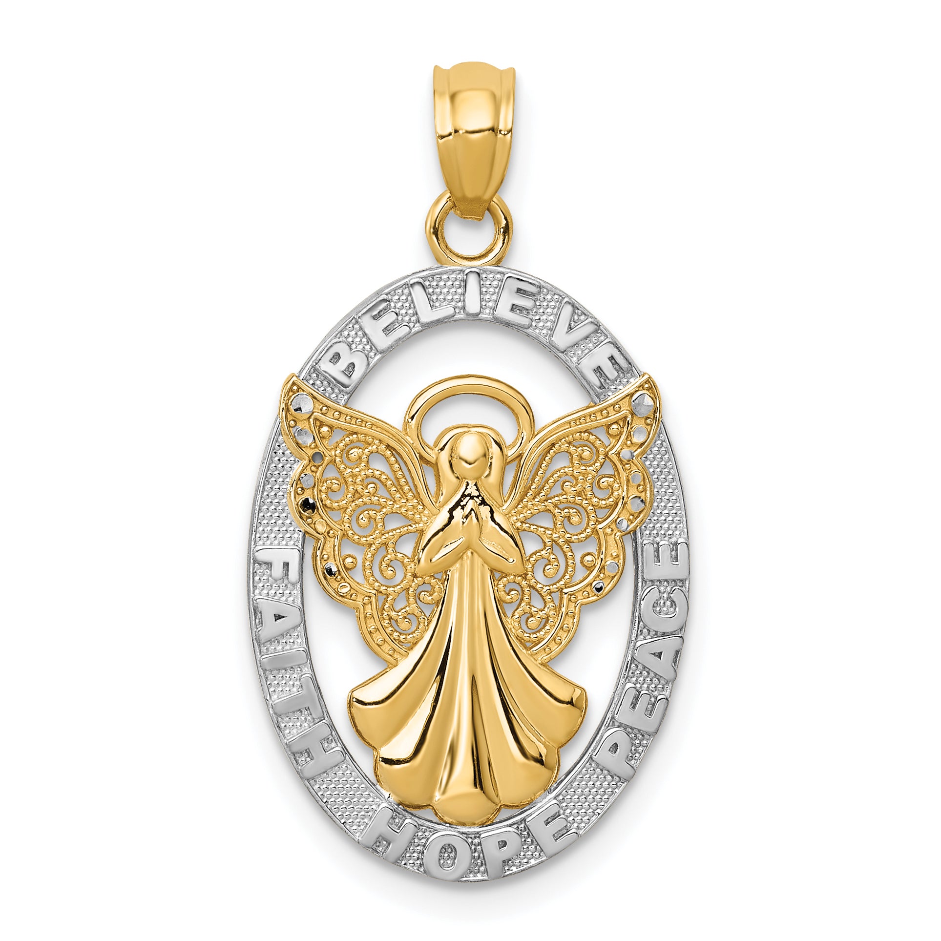 14K W/Rhodium BELIEVE PEACE FAITH HOPE Angel Pendant