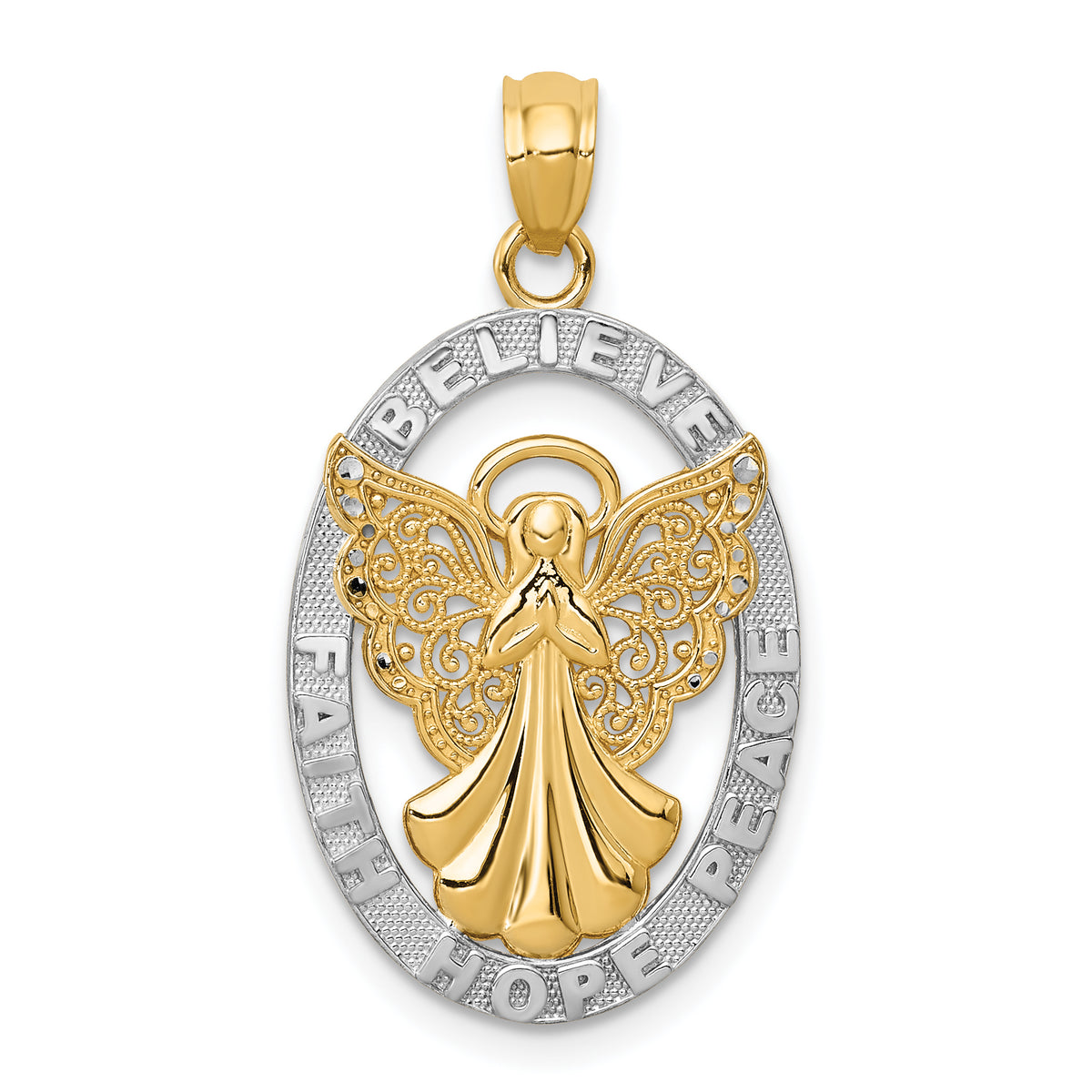 14K W/Rhodium BELIEVE PEACE FAITH HOPE Angel Pendant