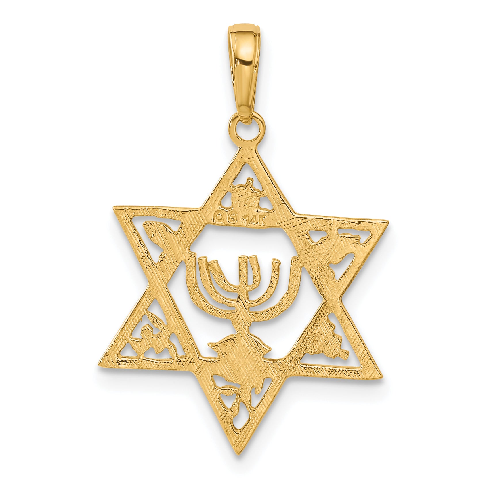 14K Gold Star of David Menorah Pendant — Polished, Textured, Solid Design