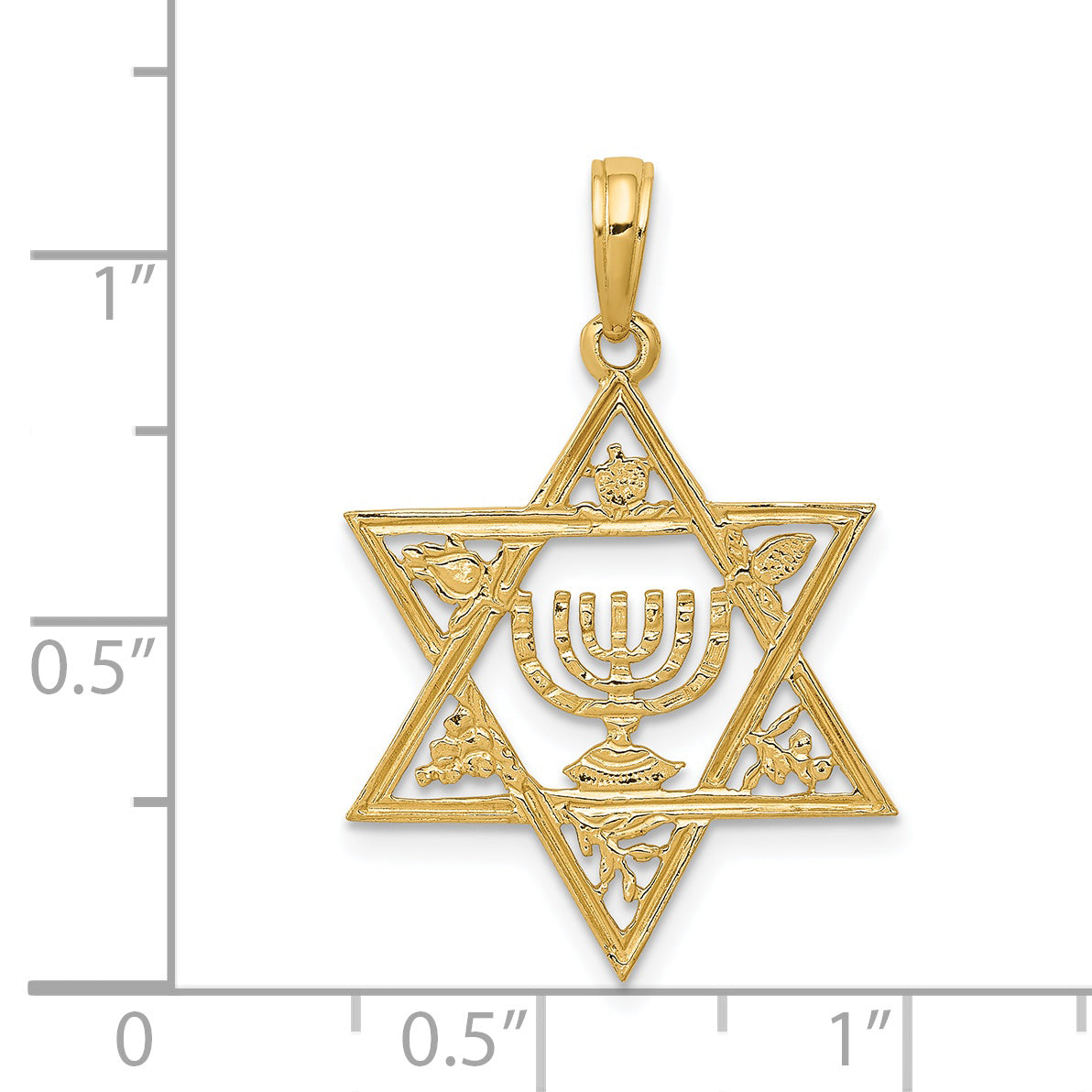 14K Gold Star of David Menorah Pendant — Polished, Textured, Solid Design