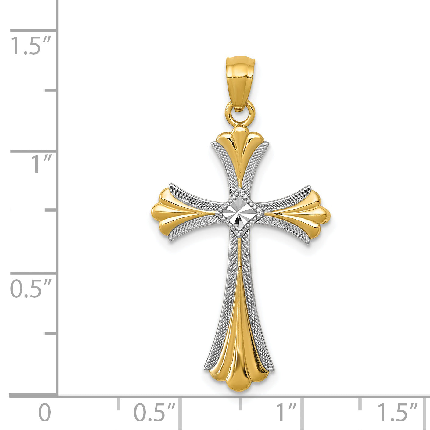 14K Gold Rhodium Diamond-Cut Budded Cross Pendant Elegant, Solid Design