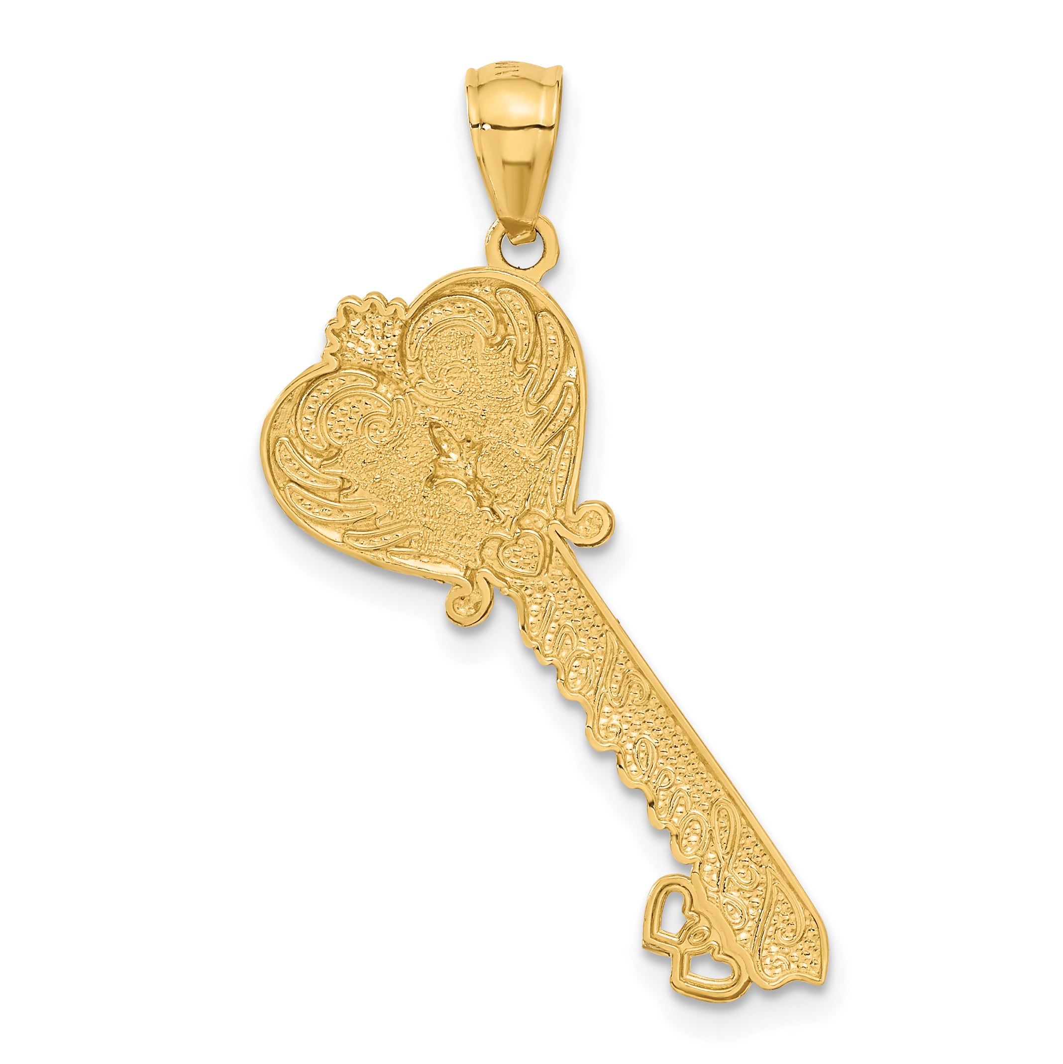 14K Gold Filigree Heart Key Charm with White Rhodium Accent Polished Finish