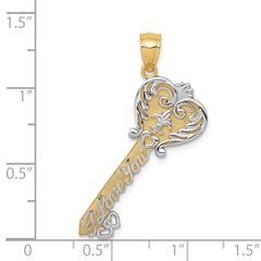 14K Gold Filigree Heart Key Charm with White Rhodium Accent Polished Finish