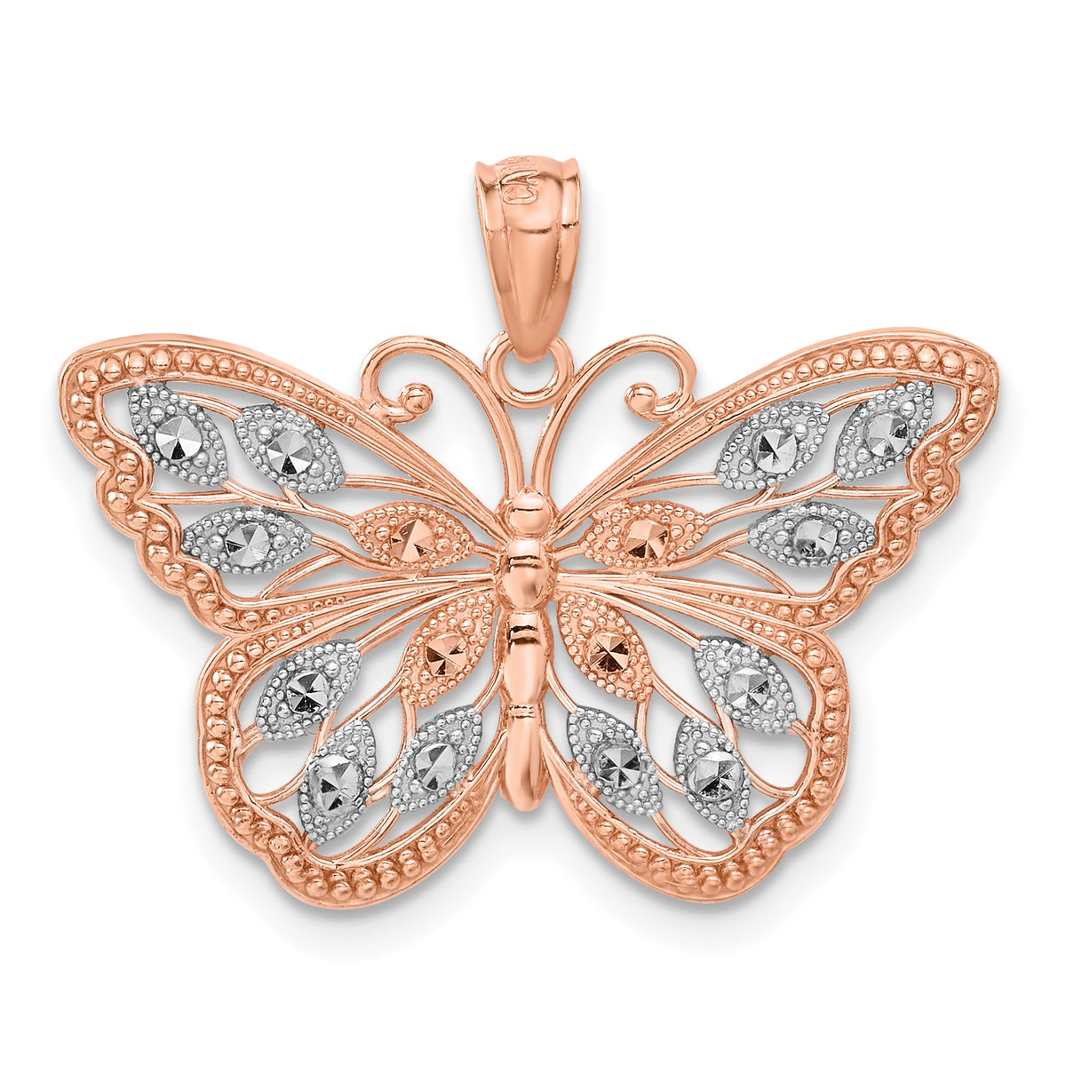 14k Rose Gold w/Rhodium Diamond-cut Butterfly Pendant