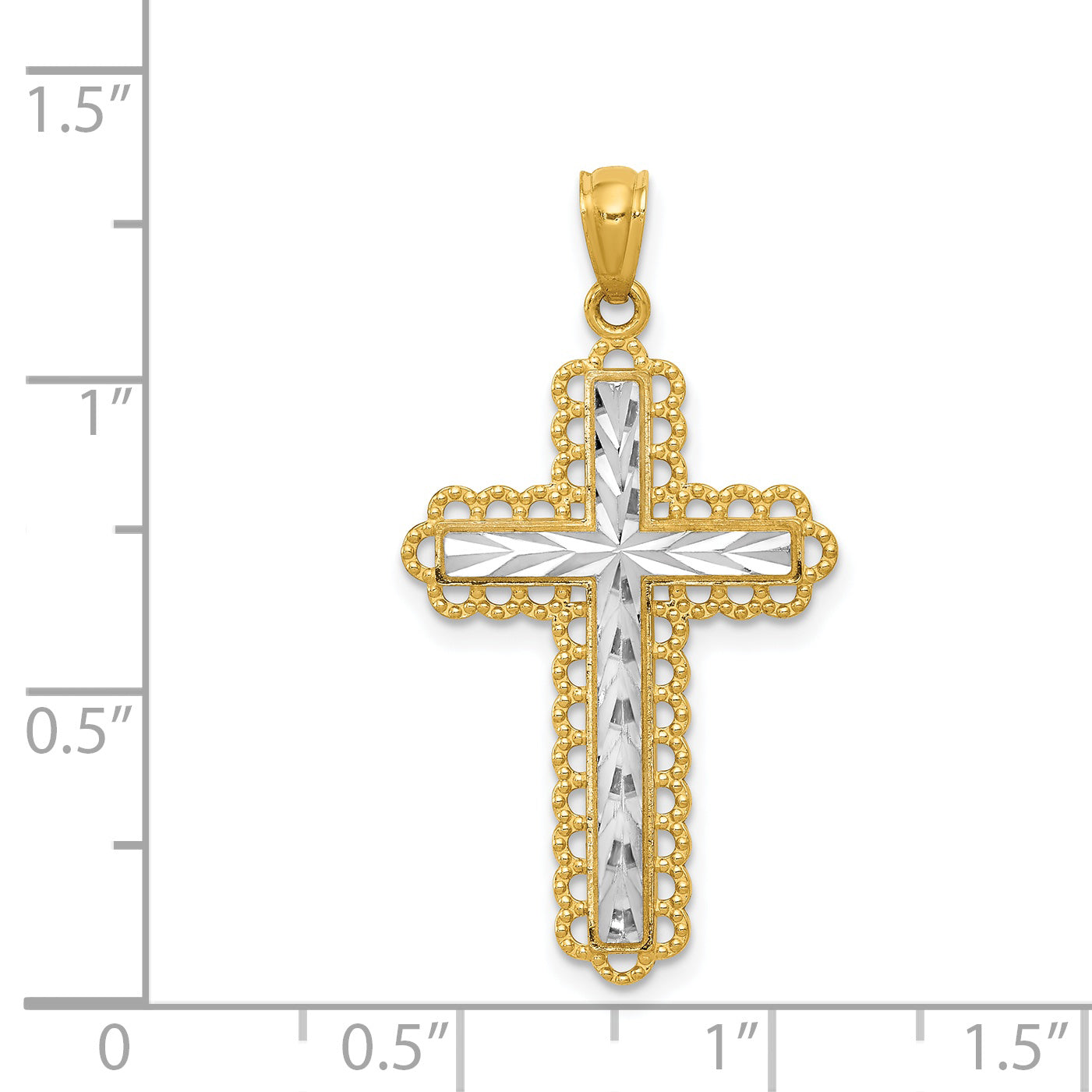 14K Yellow Gold Rhodium Diamond-Cut Cross Pendant Polished, Solid Design