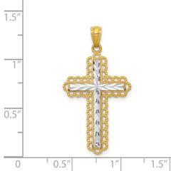 14K Yellow Gold Rhodium Diamond-Cut Cross Pendant Polished, Solid Design