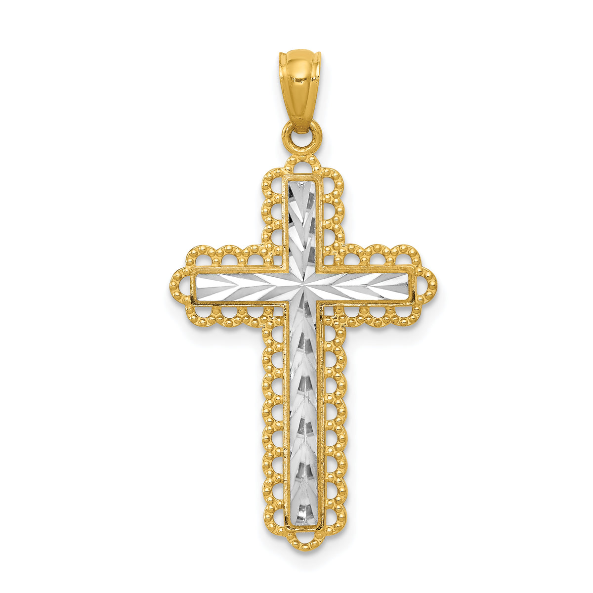 14K Yellow Gold w/Rhodium Diamond Cut Cross Pendant