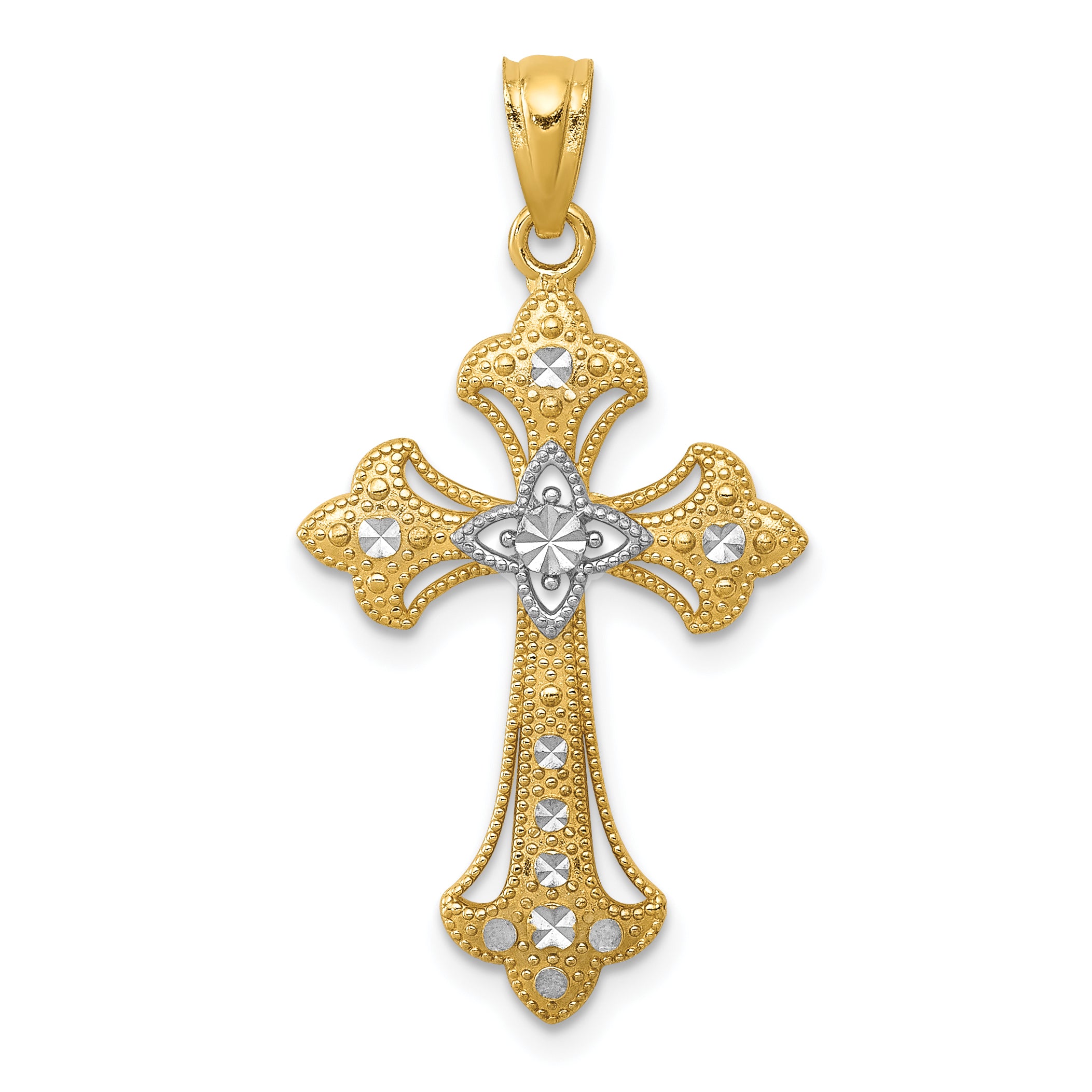 14K w/Rhodium Diamond-Cut Cross Pendant